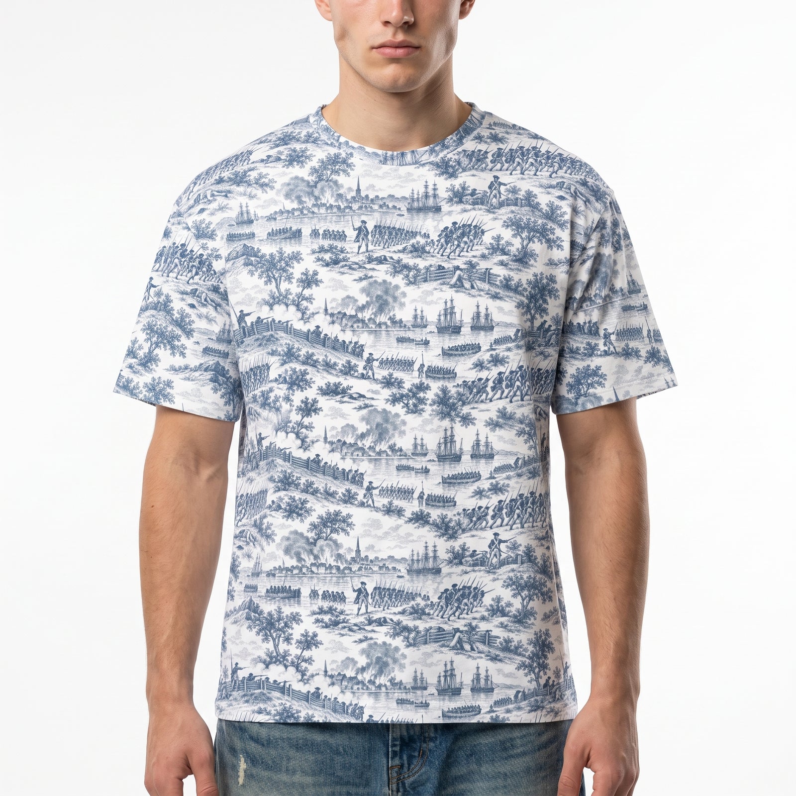 Close view of the Bunker Hill battle toile artwork on the men’s cotton T-shirt