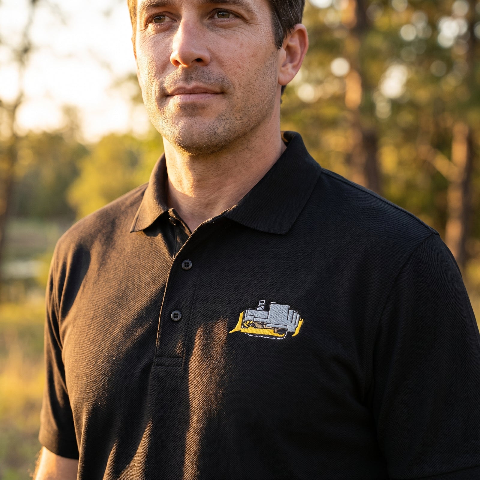 A man wearing a black short-sleeve polo shirt with a small embroidered Killdozer logo on the left chest, photographed outdoors in warm natural light.