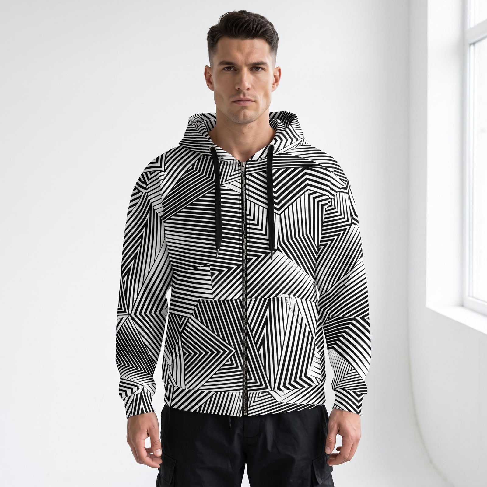 Close-up of man wearing the Dazzle Naval Camo Zip Hoodie