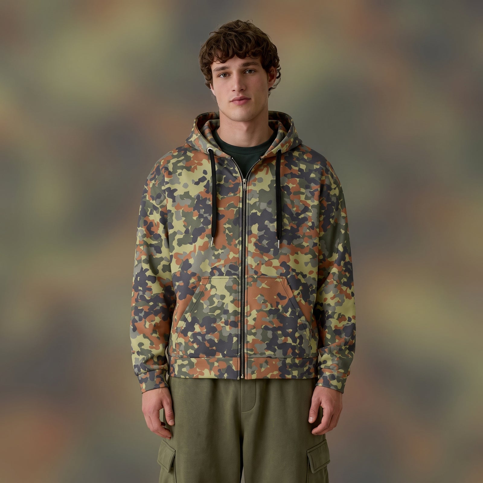 Man wearing the Flecktarn Reconnaissance camo zip hoodie against a gradient backdrop