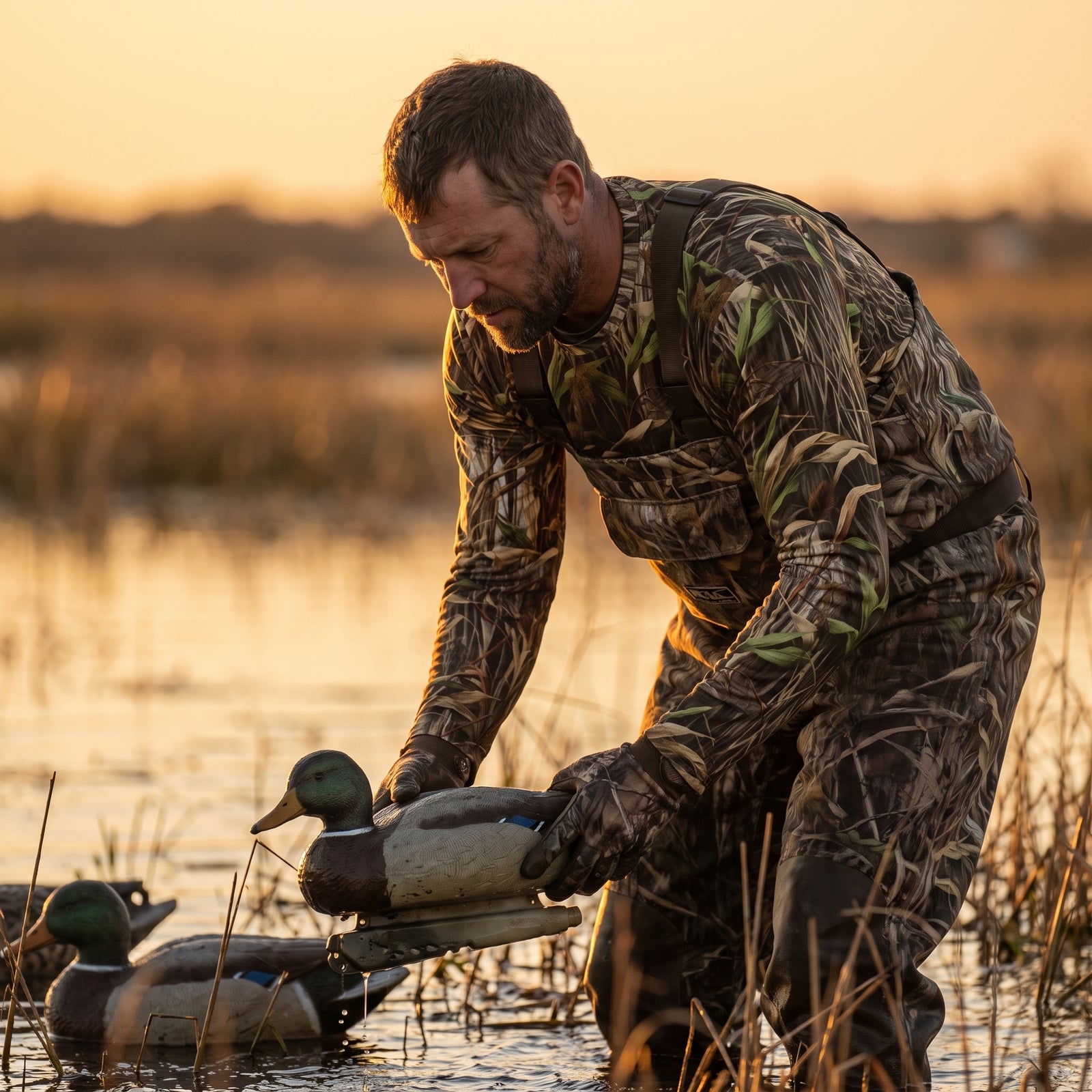 Man outdoors wearing the Marsh StealthBlend long sleeve waterfowl hunting camo shirt, designed in Minnesota and handmade in North America