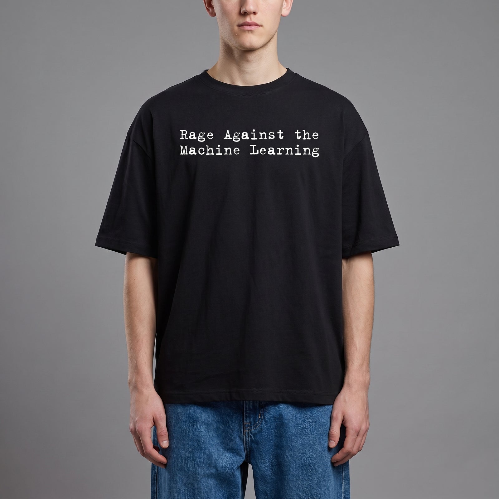 Rage Against the Machine Learning boxy tee showing the relaxed oversized fit