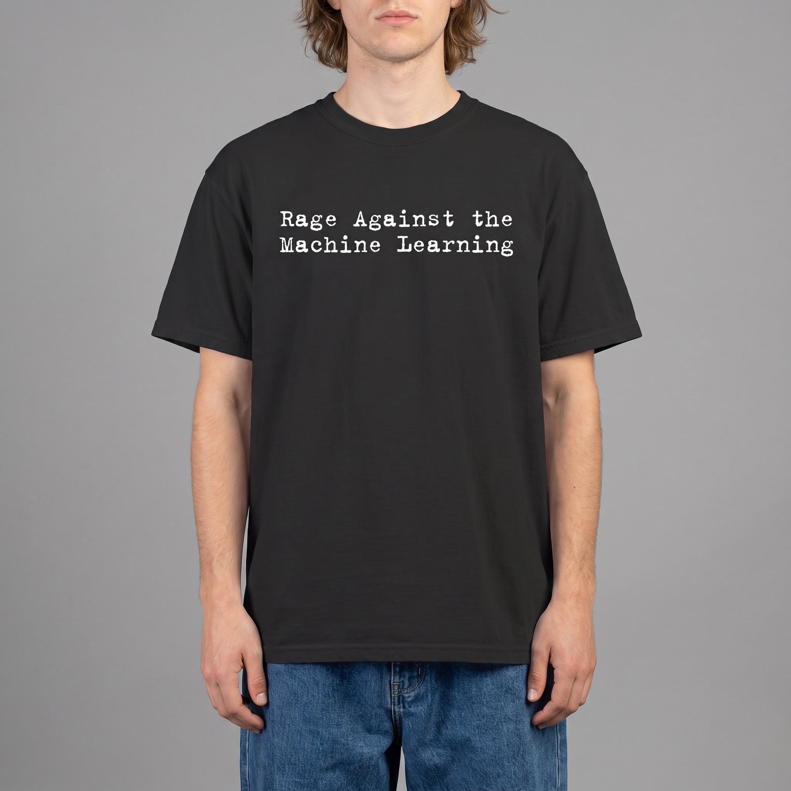 Man wearing the Rage Against the Machine Learning black graphic tee
