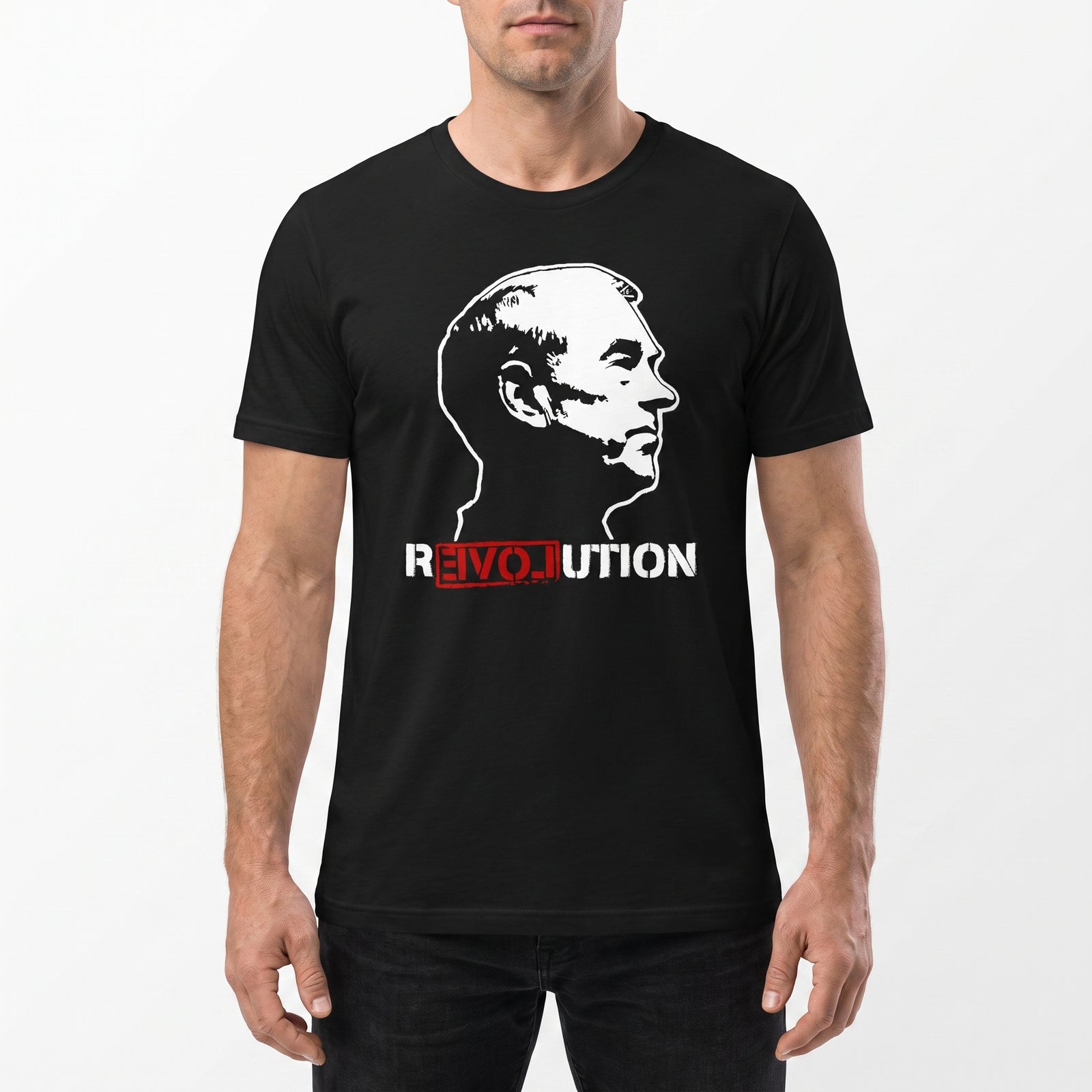 A man wearing a black short-sleeve Ron Paul Revolution t-shirt