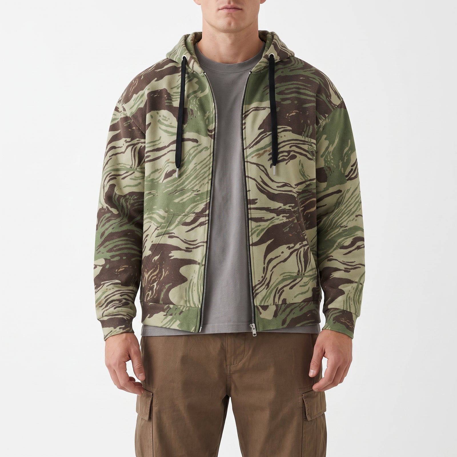 Man wearing the Rhodesian Brushstroke Camo Zip Hoodie, front view