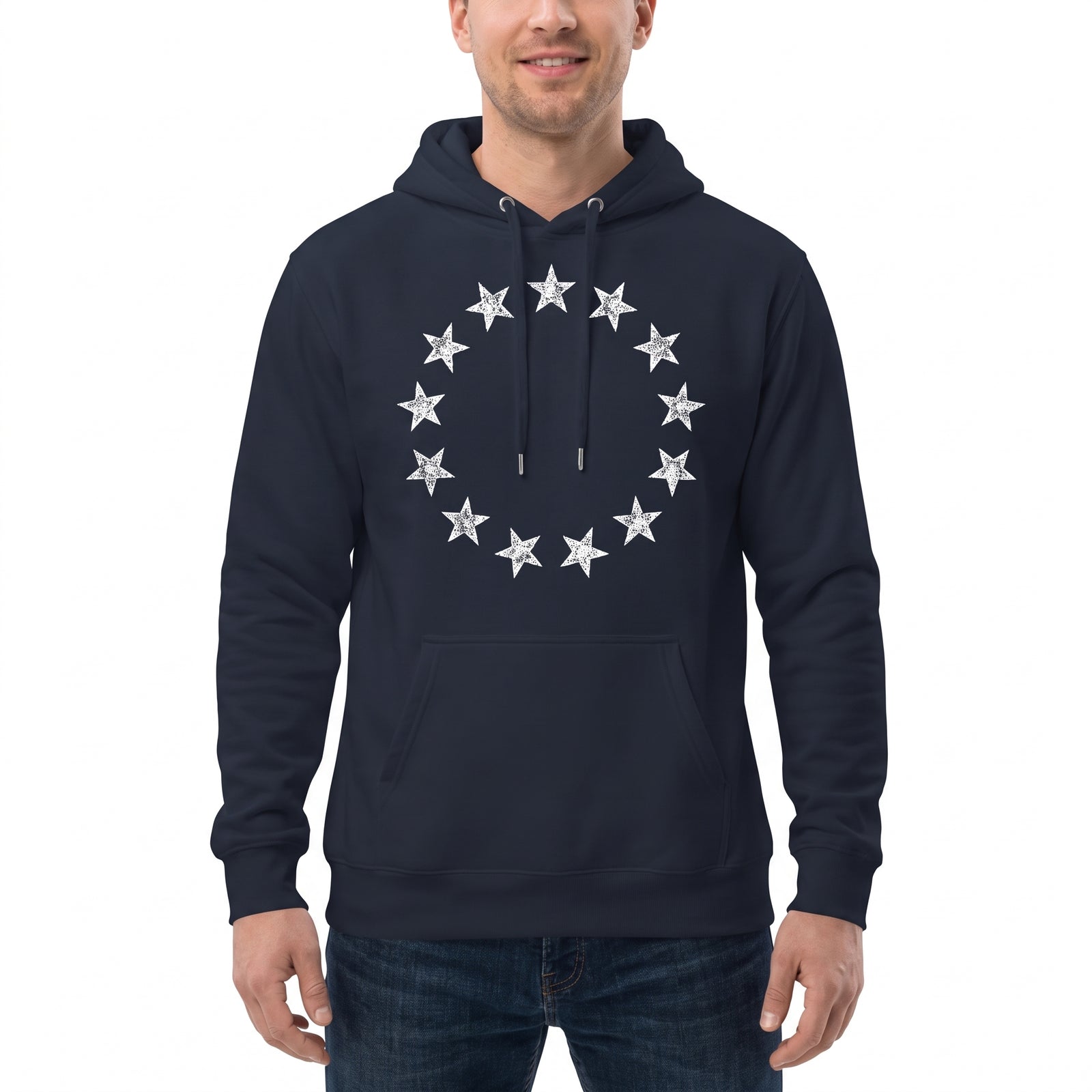 Male model wearing the navy 13 Stars Vintage Revolution Heritage Hoodie with distressed white thirteen-star circle graphic.