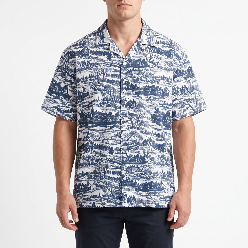 Washington Crossing the Delaware historical button-up shirt shown from the front on a male model