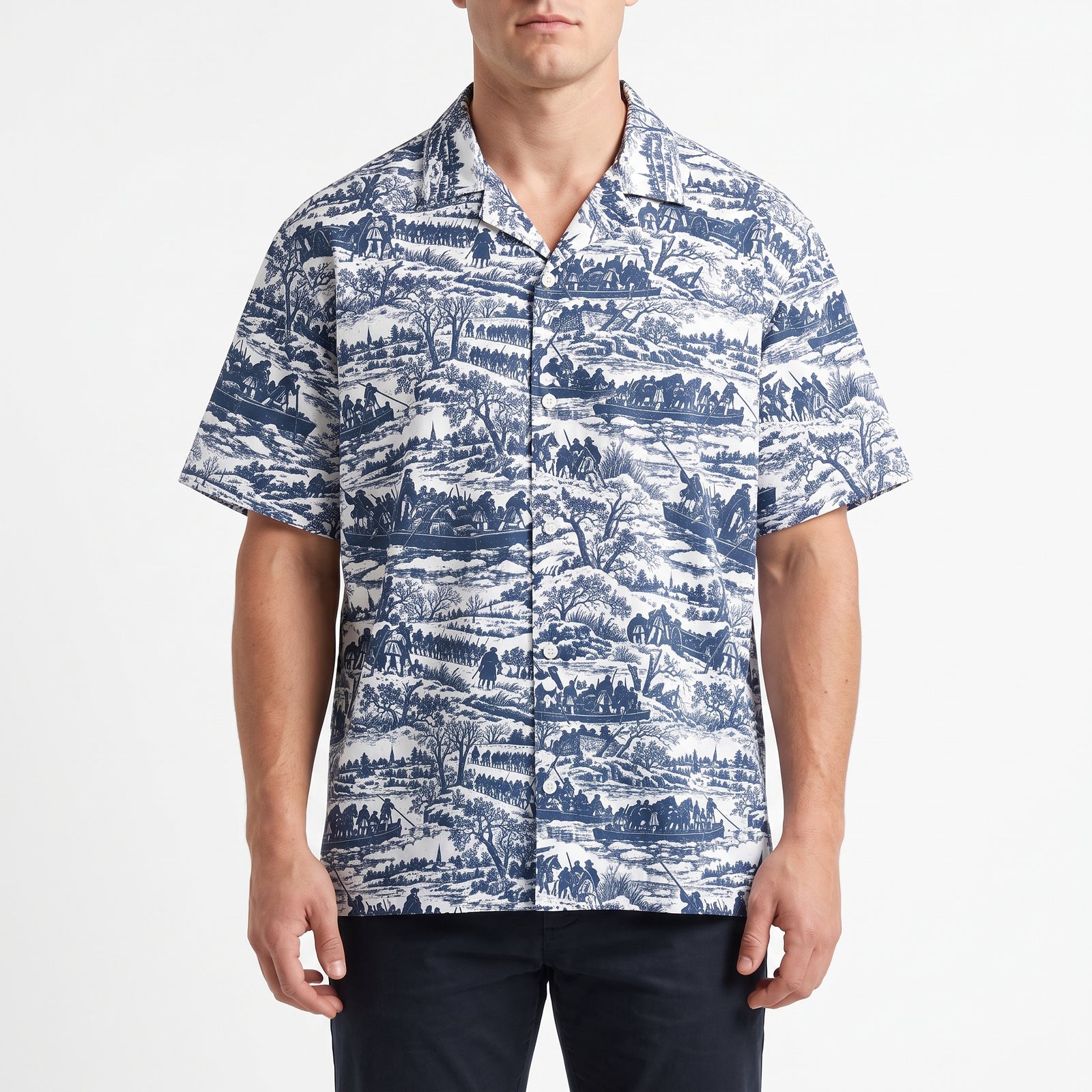 Washington Crossing the Delaware historical button-up shirt shown from the front on a male model
