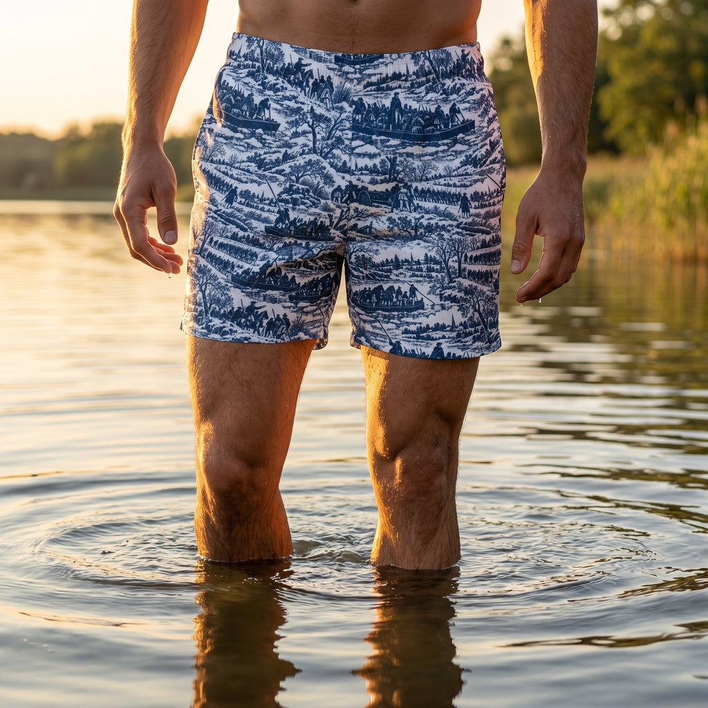 Front view of a man wearing Washington Crossing the Delaware historical pattern swim trunks in a lake