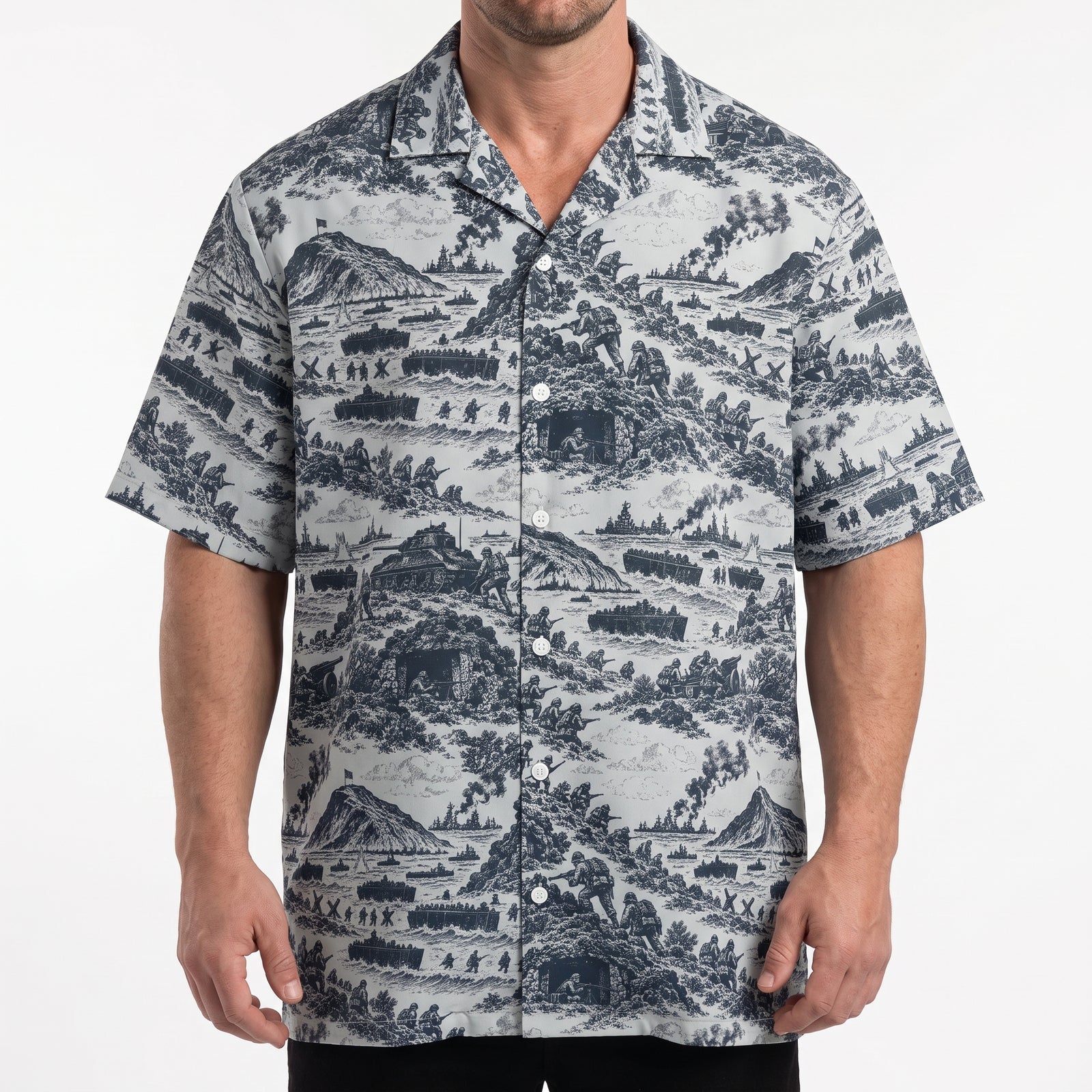 Man wearing the oversized Iwo Jima historical print button-up shirt, front view