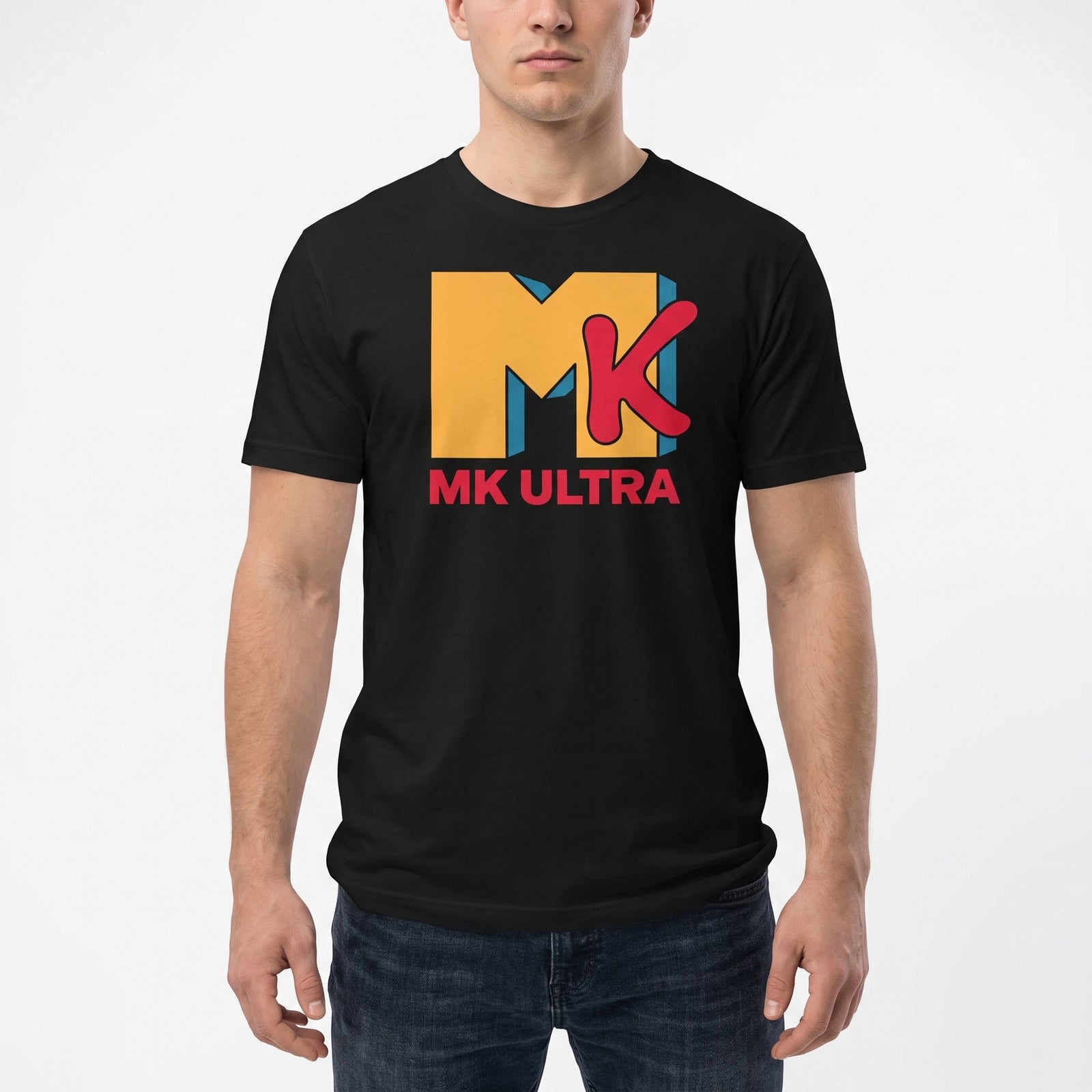 A man wearing a black short-sleeve t-shirt with a colorful graphic on the chest. The graphic features a stylized yellow and orange 'M' with a red 'K' and the text 'MK ULTRA' in red below it.