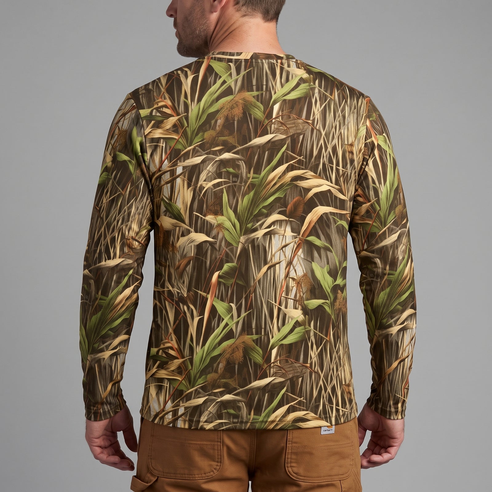 Rear view of the Marsh StealthBlend long sleeve camouflage shirt, original Liberty Maniacs wetland pattern designed in Minnesota and handmade in North America