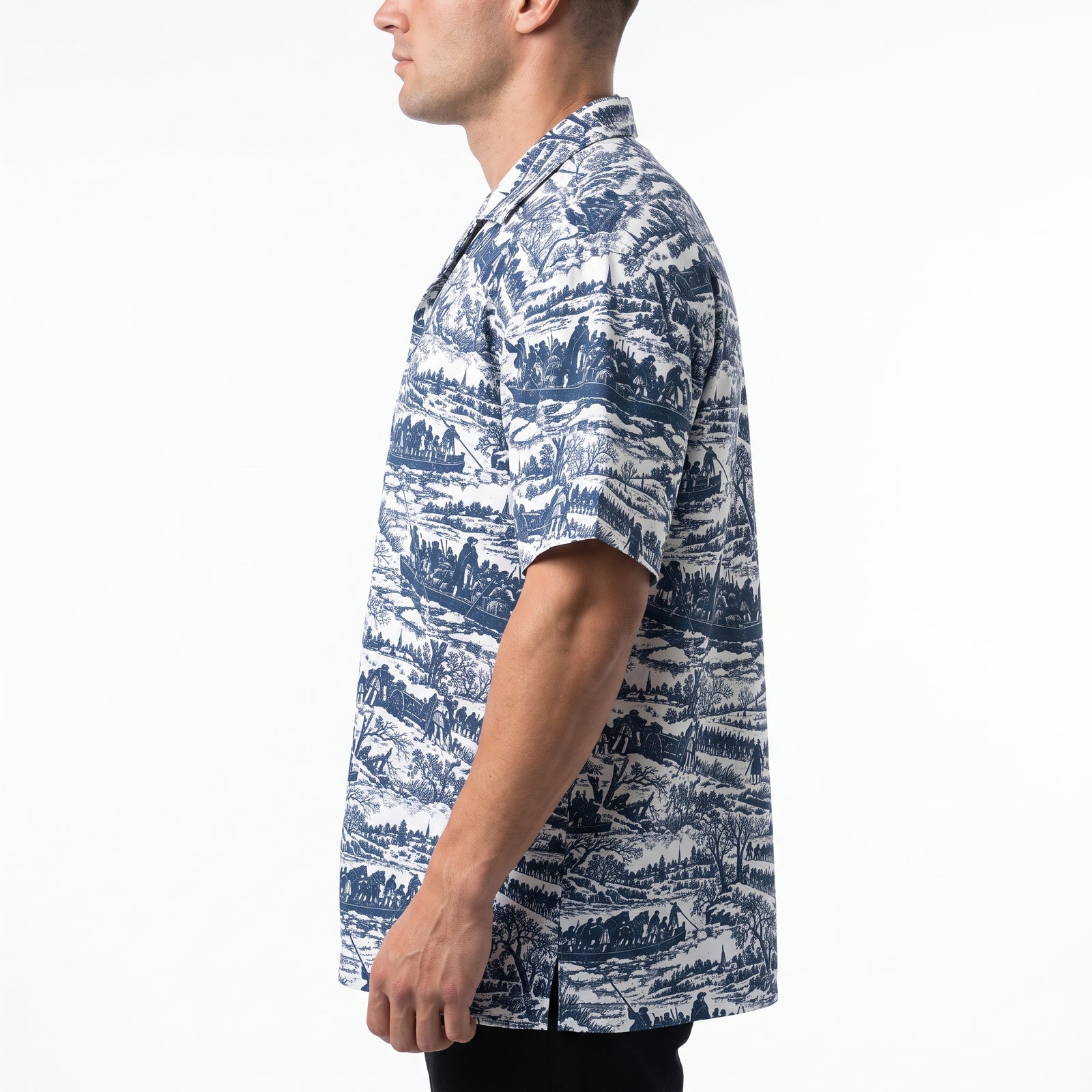 Side profile of the Washington Crossing the Delaware historical toile button-up shirt