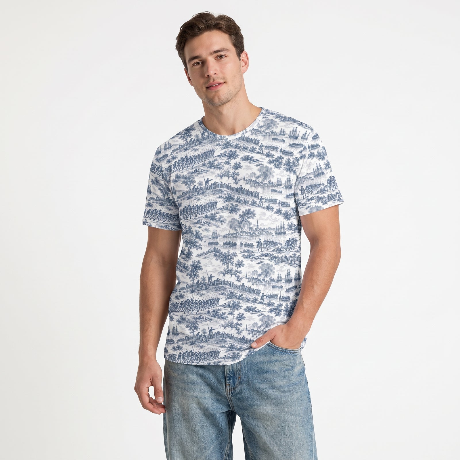 Male model wearing the Battle of Bunker Hill blue-and-white historical toile cotton T-shirt