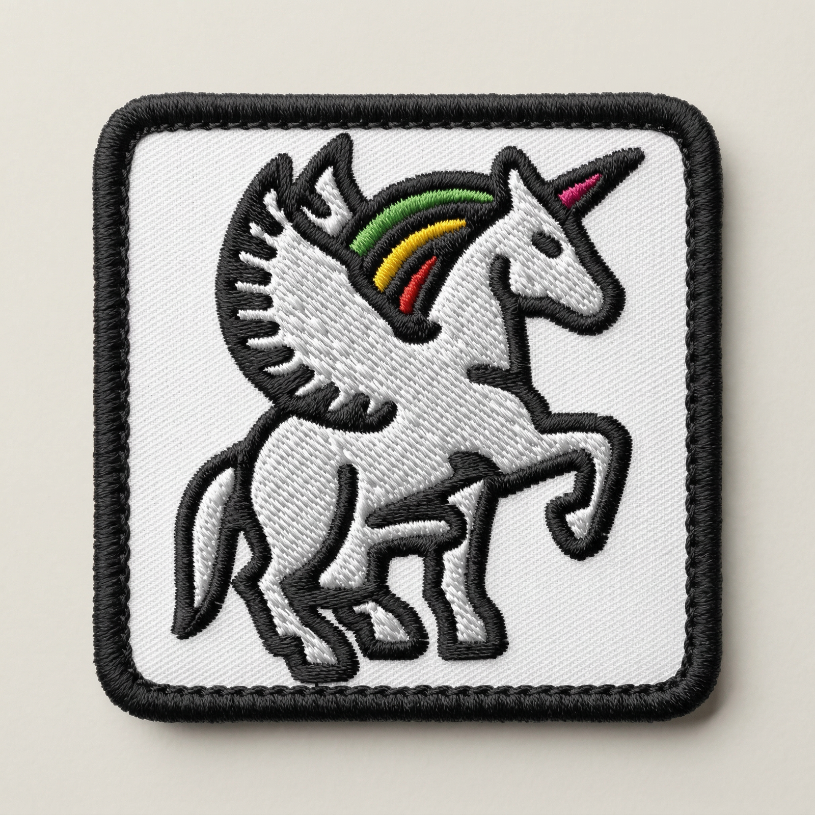 Embroidered patch of a unicorn with rainbow-colored horn on a white background