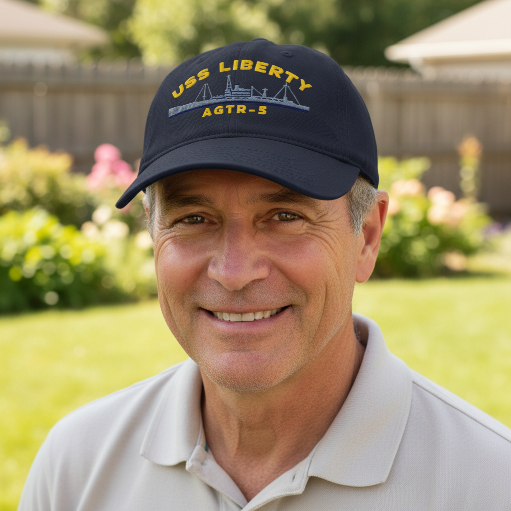 Man wearing a navy cap with 'USS LIBERTY AGR-5' text, standing outdoors.