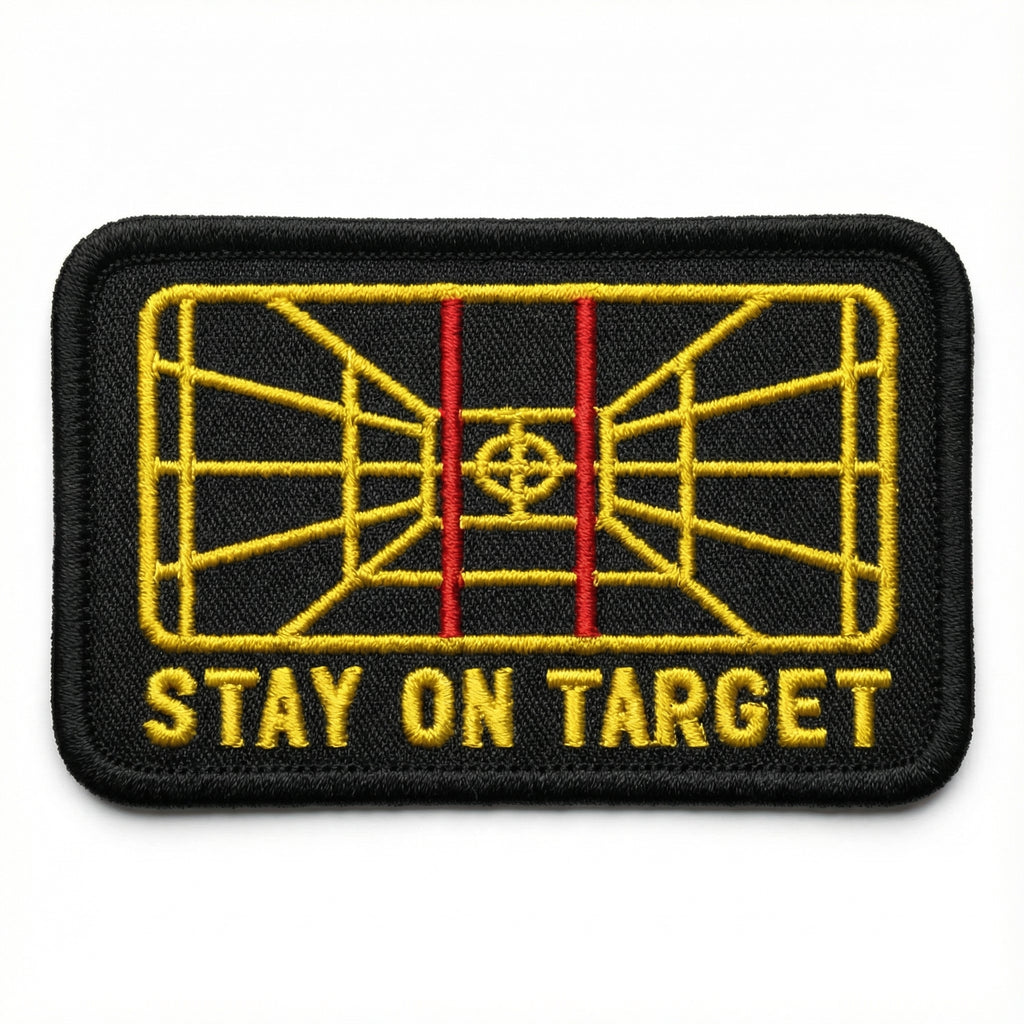 Patch with 'Stay on Target' text and target design on a white background