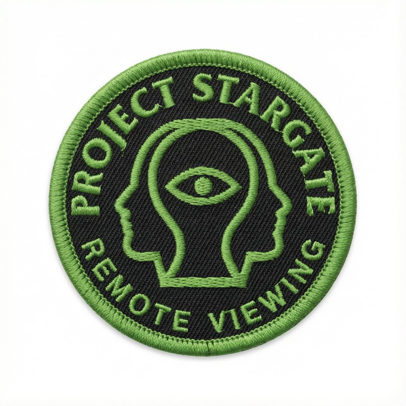 Circular patch with 'Project Stargate Remote Viewing' text and logo on a white background