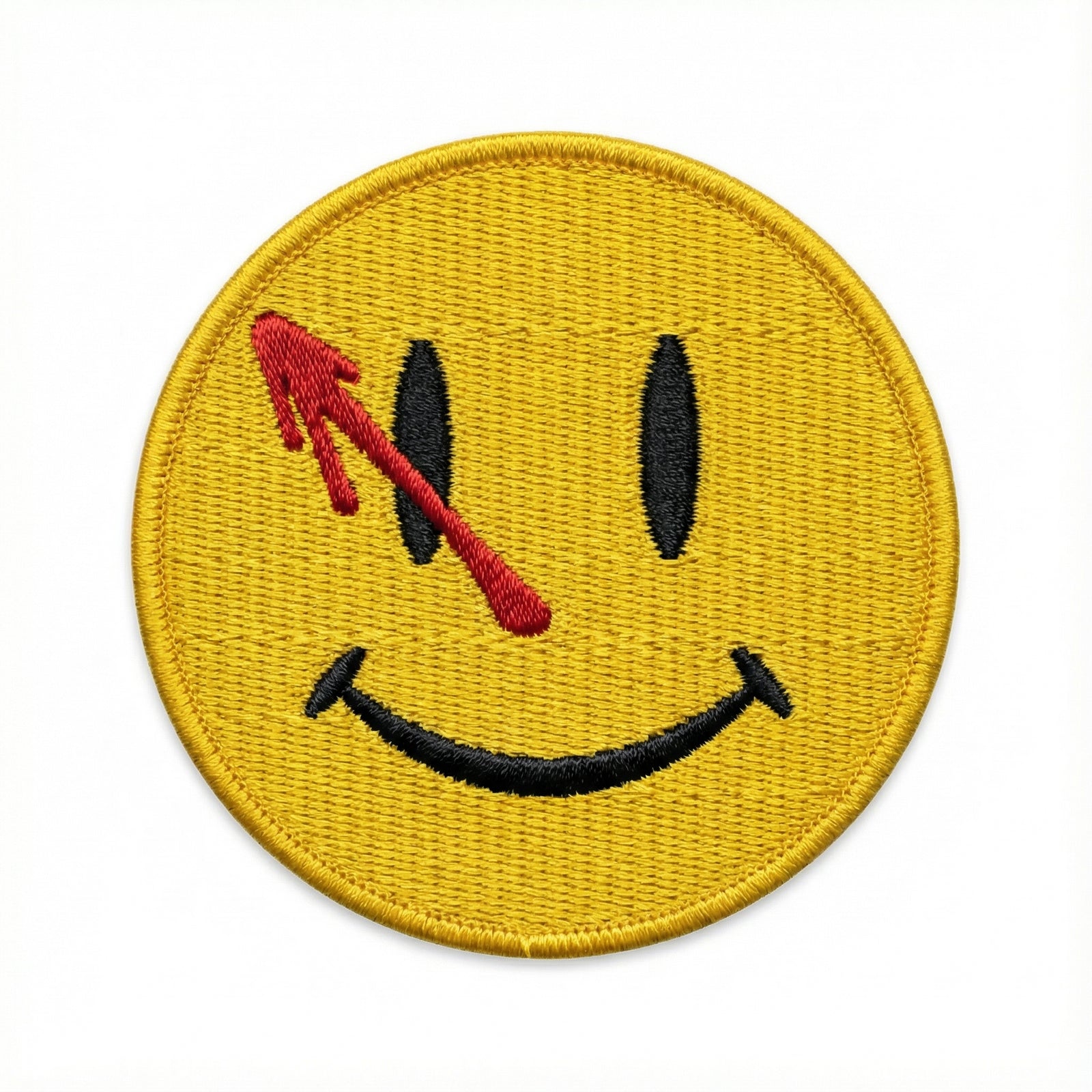 Round yellow patch with a smiley face design featuring a red arrow and black eyes on a white background.