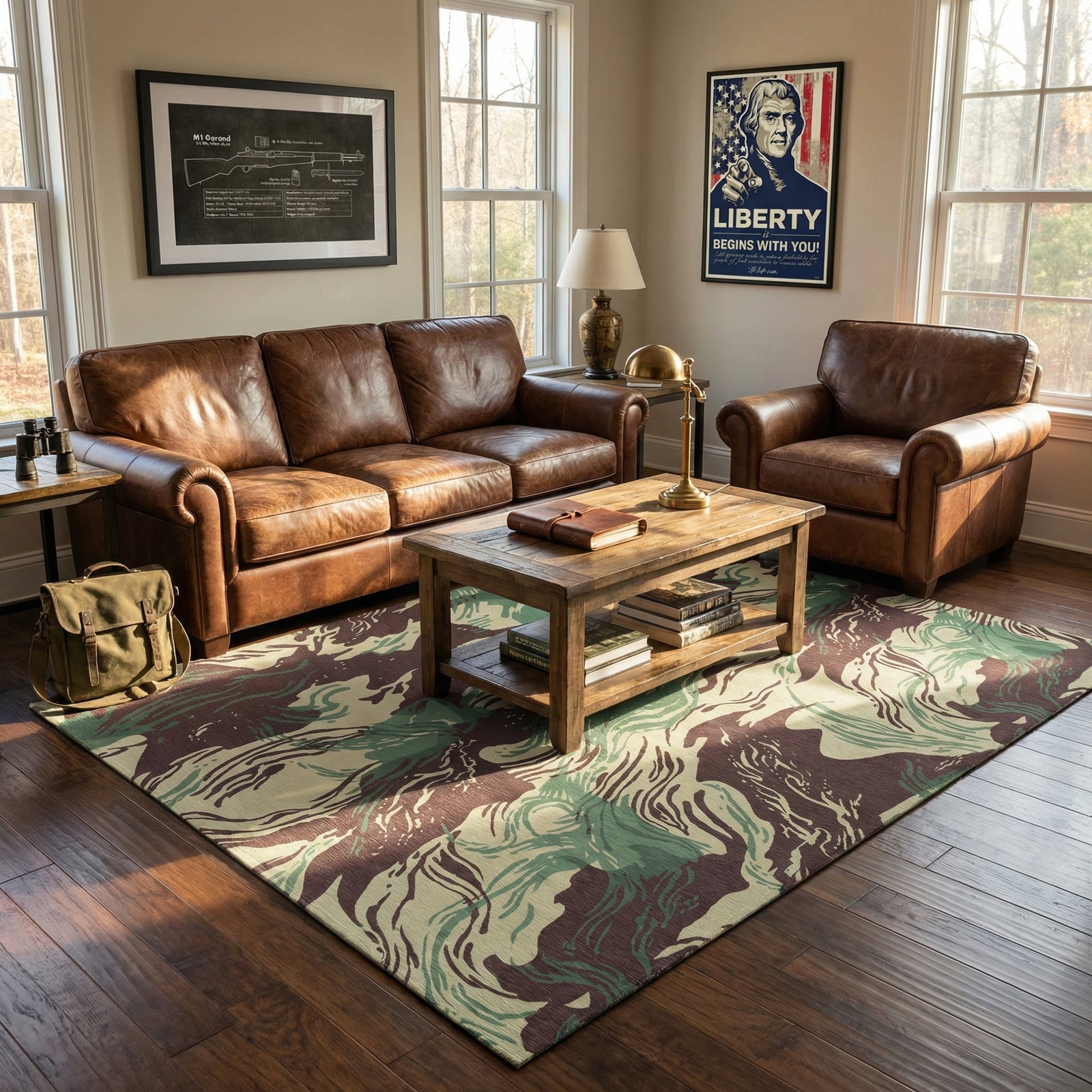 Living room with brown leather sofa, armchair, and coffee table on a patterned rug.