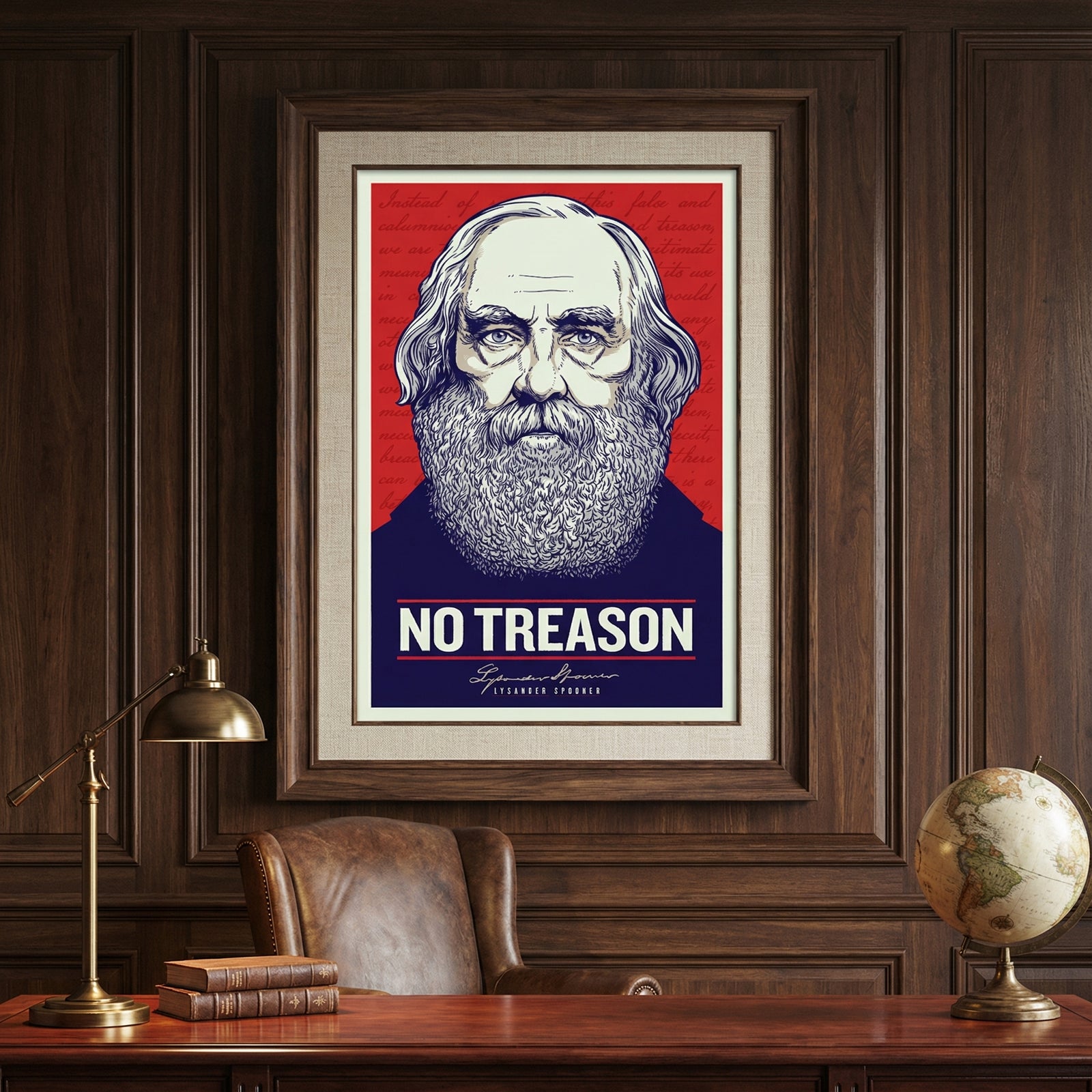 Framed poster with a portrait and 'No Treason' text on a red and blue background, displayed in a room with wooden walls and furniture.