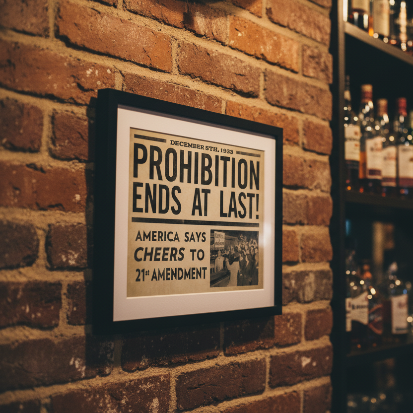 Framed poster on a brick wall with a bar shelf in the background