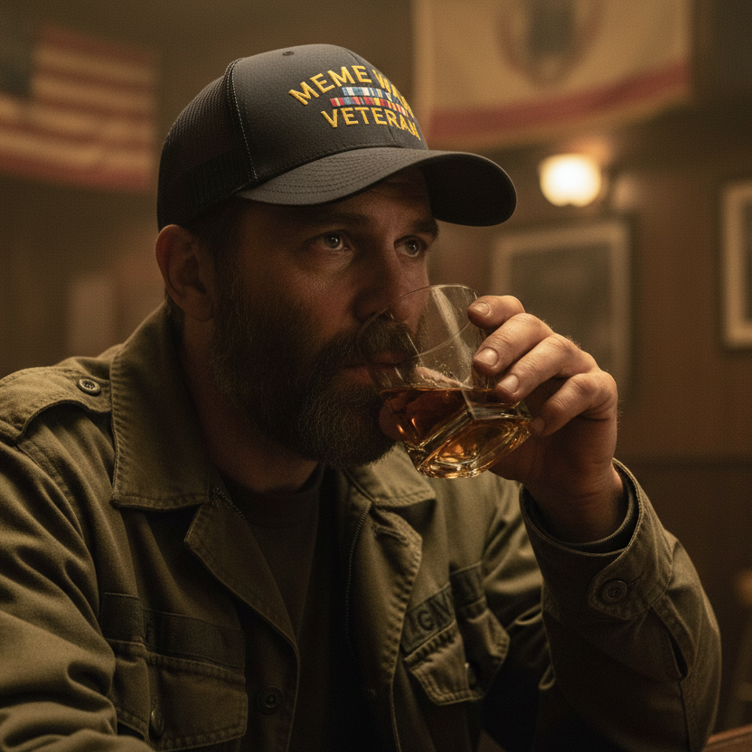 Man in a bar wearing a 'Veteran' cap and drinking from a glass.