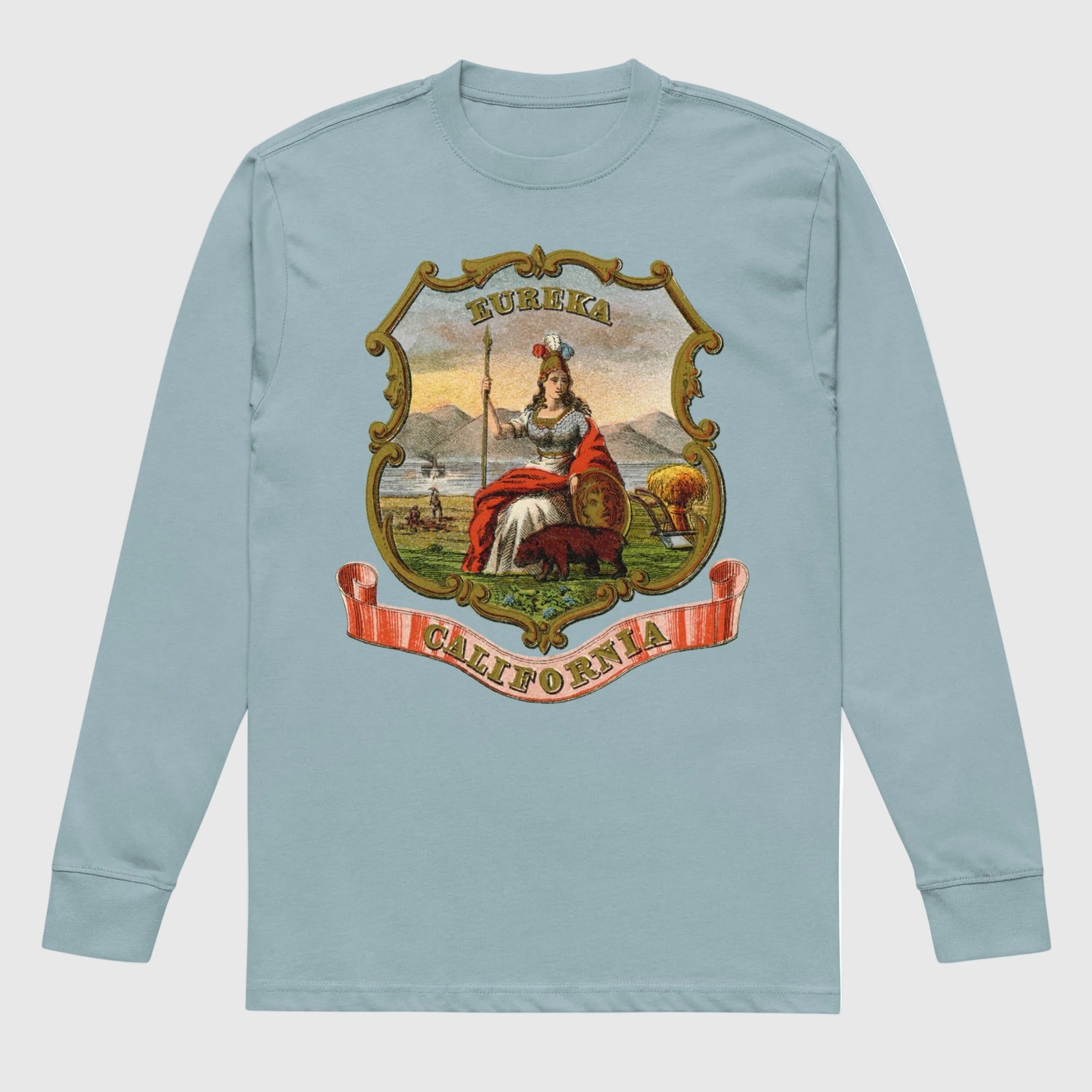 Agave men's heavyweight long sleeve T-shirt with vintage California State Seal artwork framed in gold.