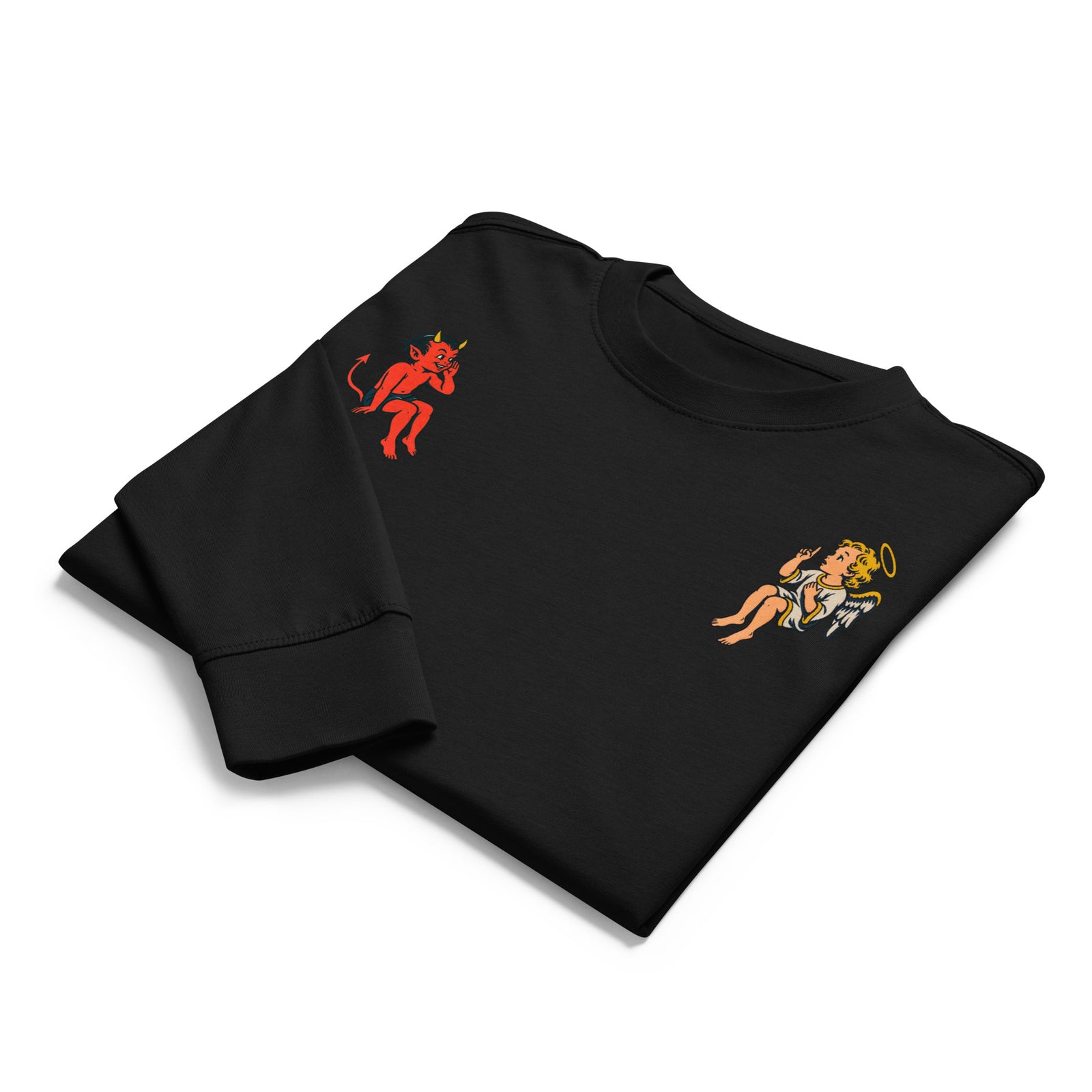 Black angel and devil shoulder long sleeve shirt showing the opposite-shoulder graphics