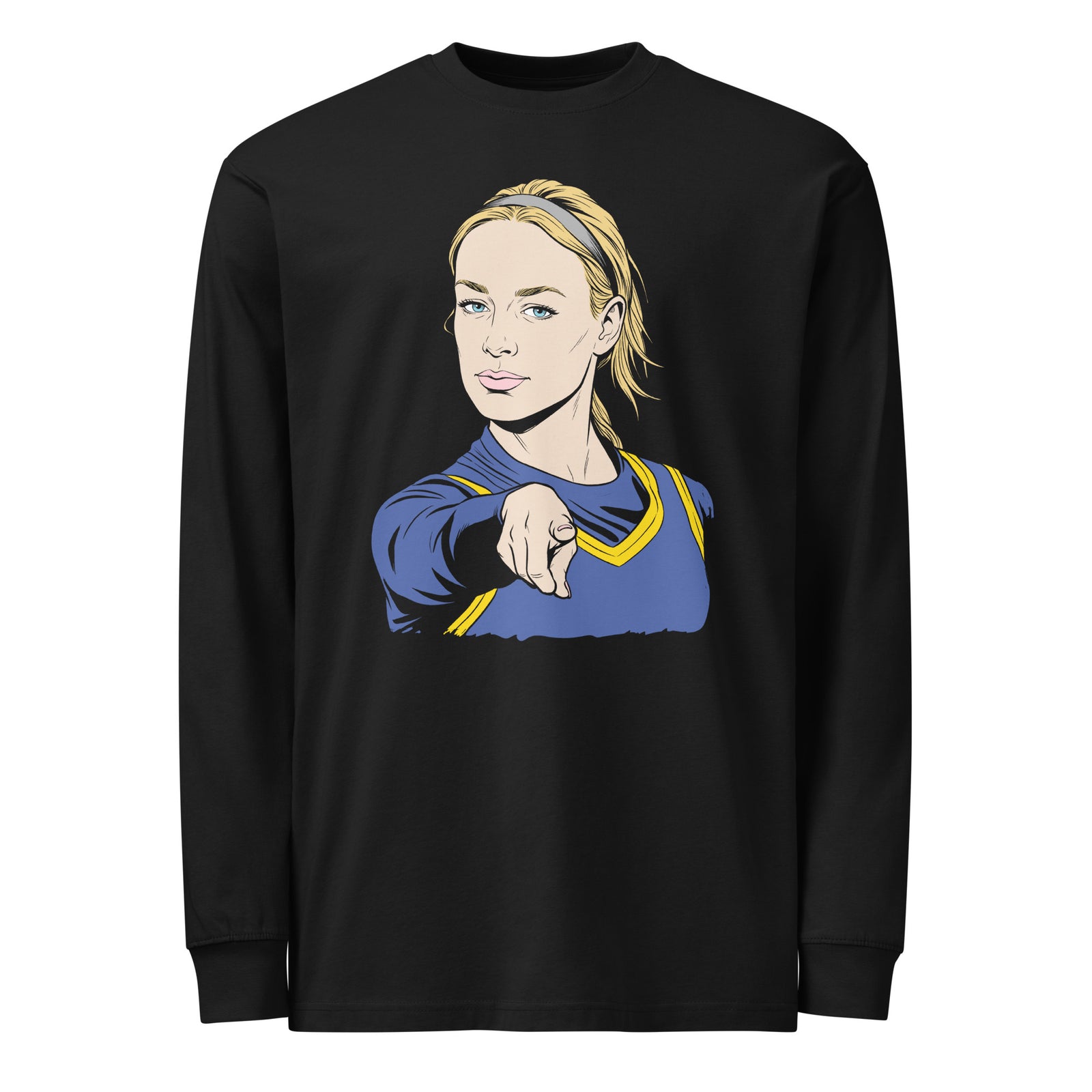 Sophie's Point black heavyweight long sleeve T-shirt, front view of basketball parody graphic