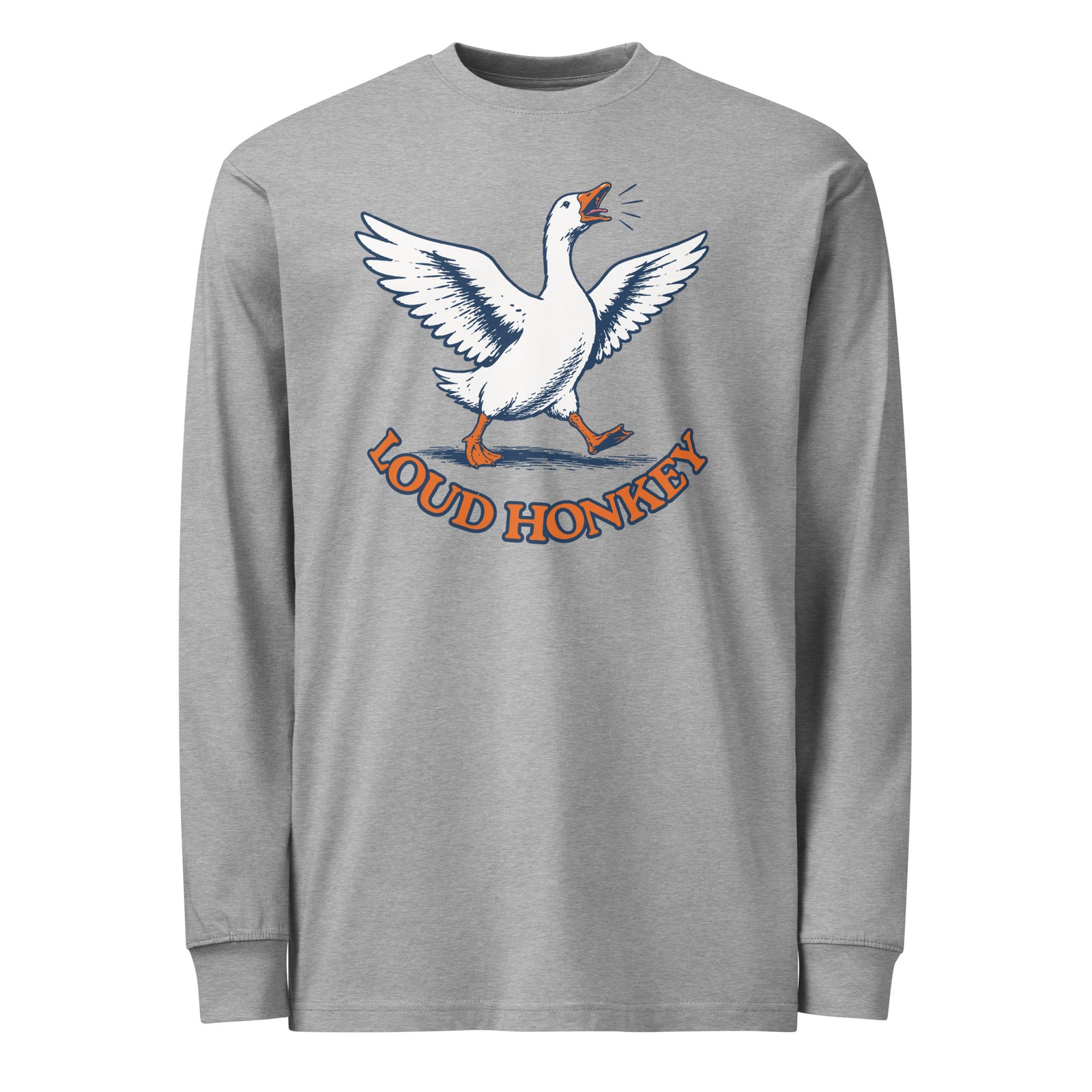 A heather gray long-sleeve t-shirt featuring a graphic of a white goose with orange beak and feet, flying upwards with its wings spread, and the words 'LOUD HONKEY' printed in orange below it.