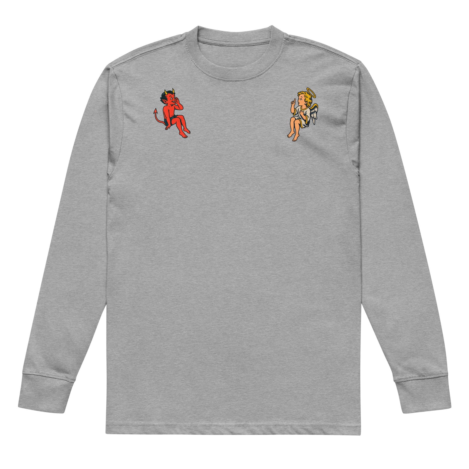 Carbon Grey angel and devil shoulder heavyweight long sleeve tee, front view