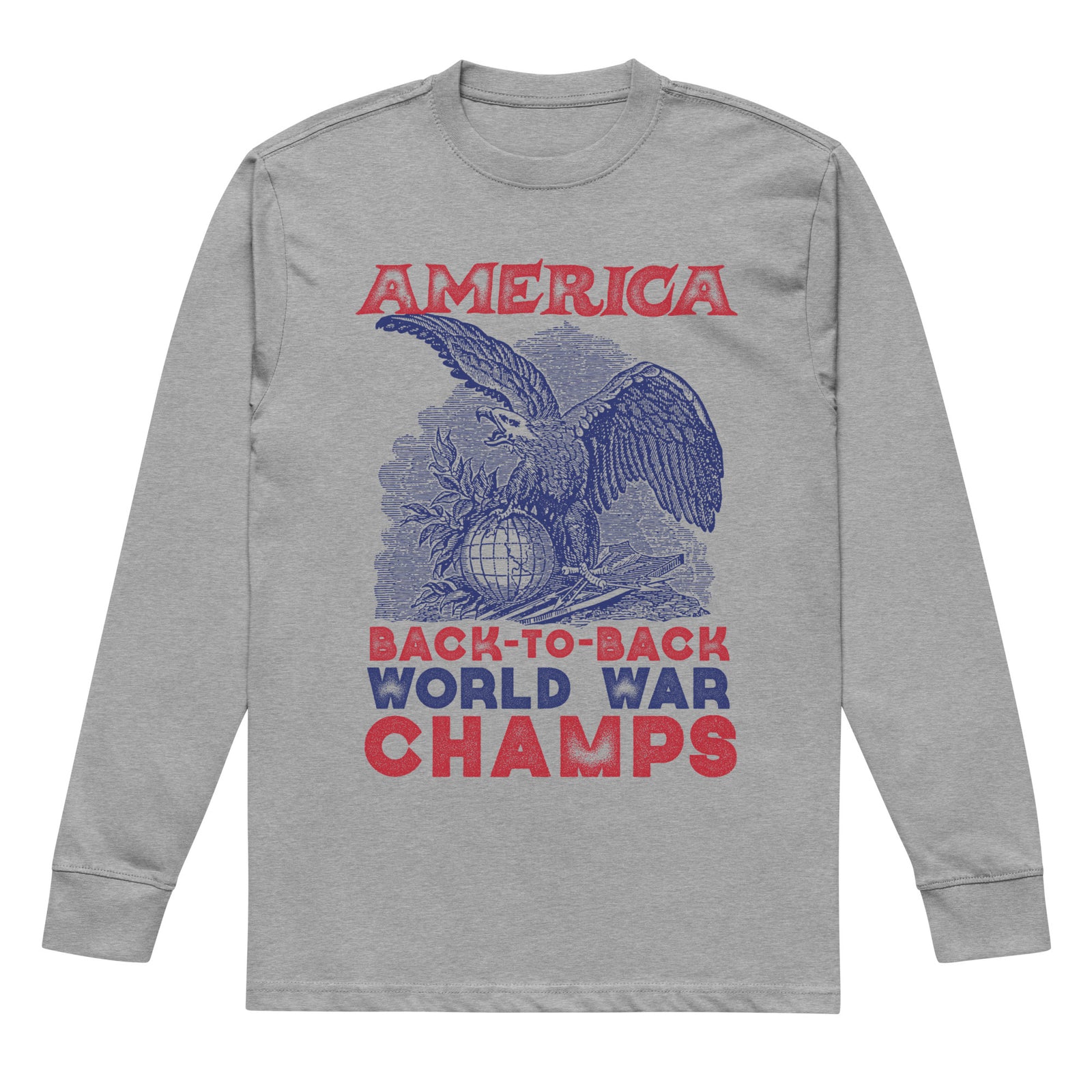 America Back to Back World War Champs men's heavyweight long sleeve T-shirt in Carbon Grey, front view
