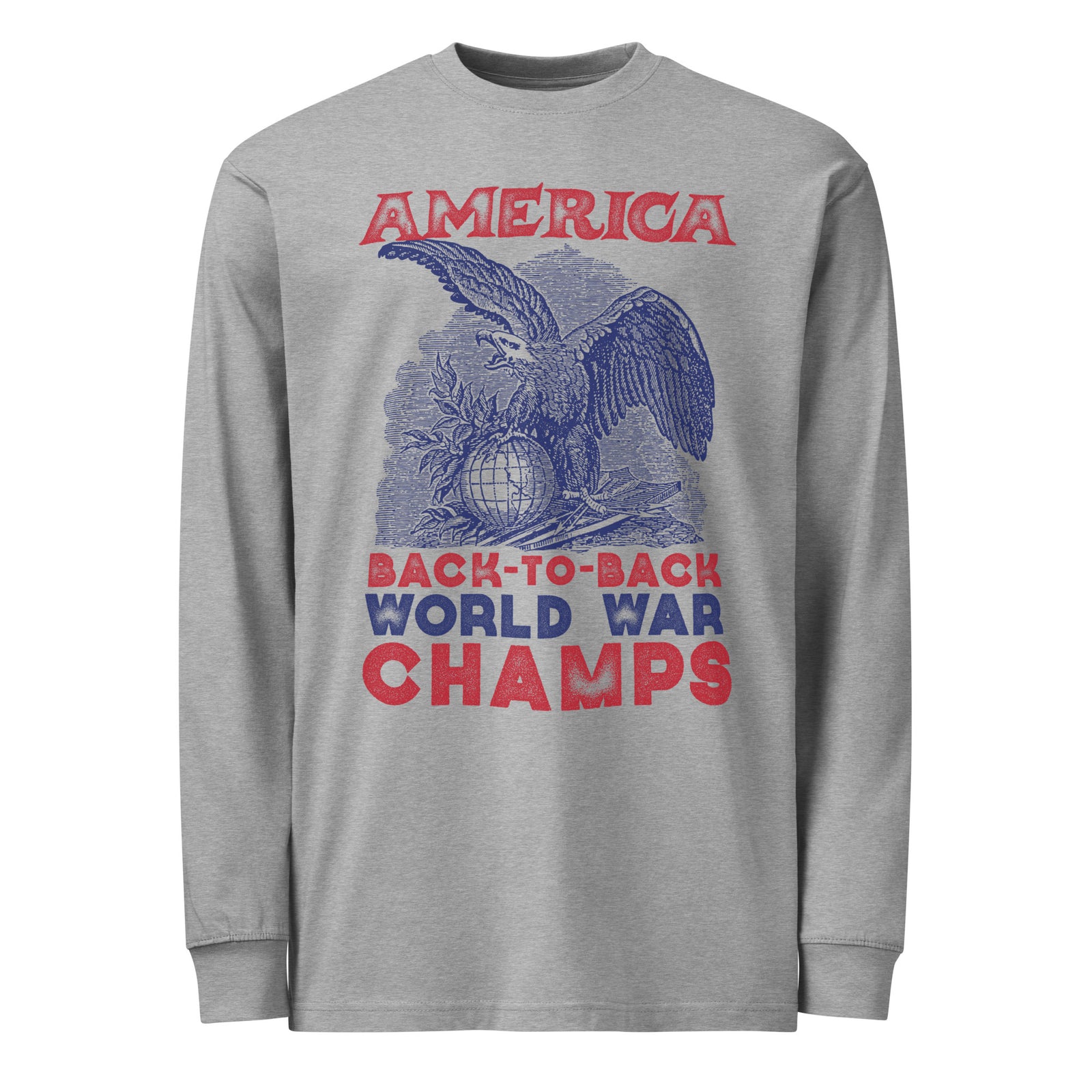 Carbon Grey Back to Back World War Champs heavyweight long sleeve shirt, alternate front mockup