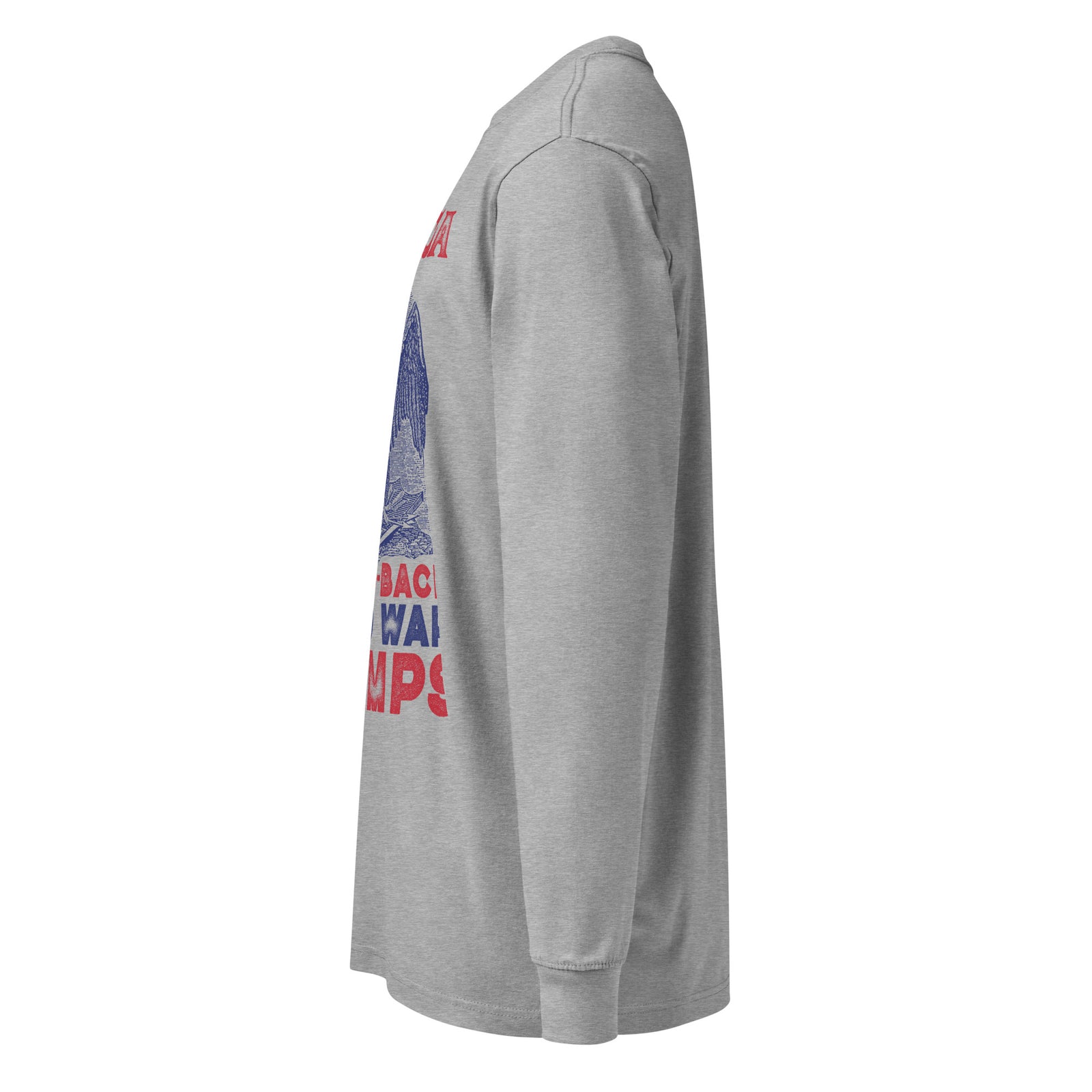 Left side view of Carbon Grey America Back to Back World War Champs heavyweight long sleeve tee