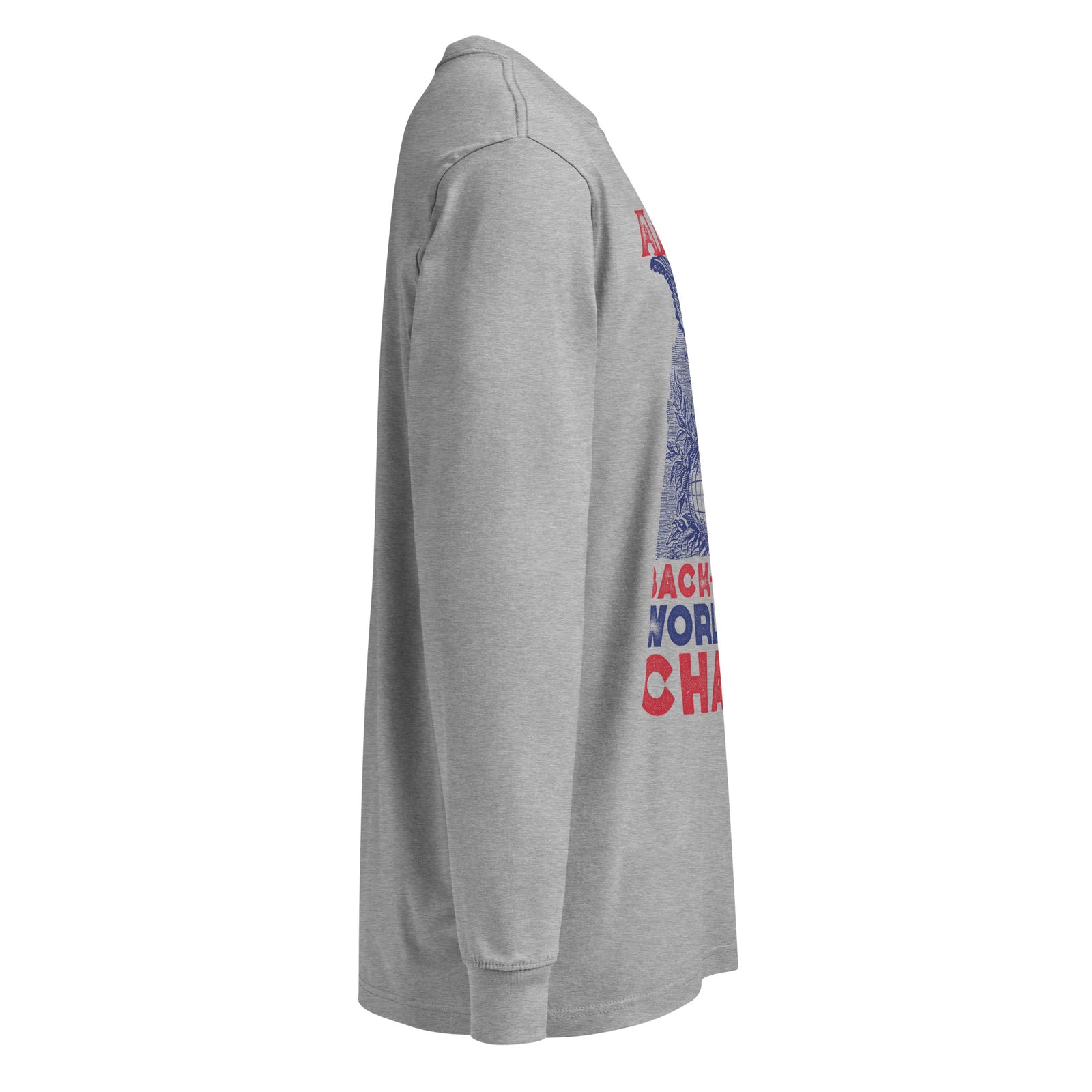 Right side view of Carbon Grey America Back to Back World War Champs heavyweight long sleeve tee