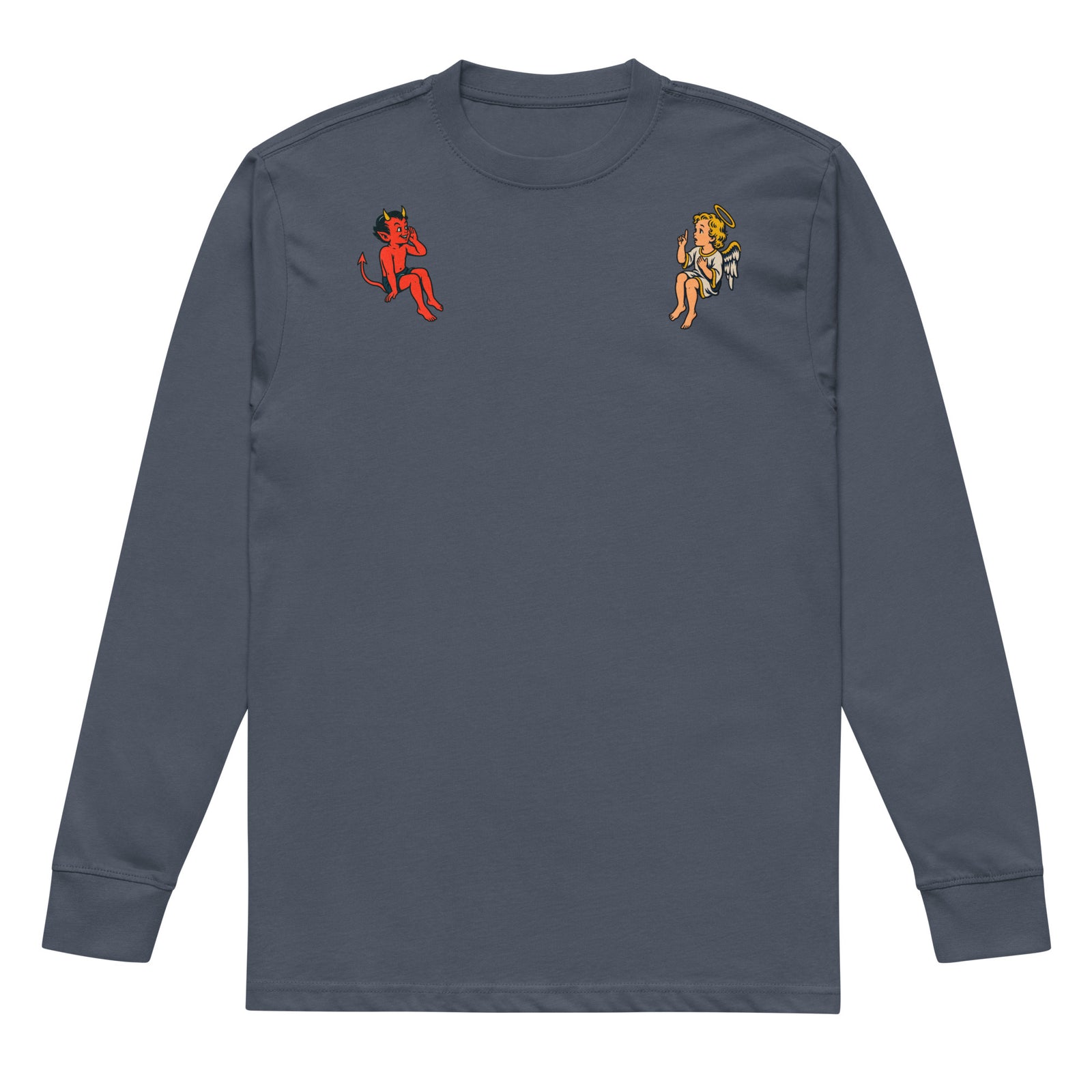 Harbor Blue angel and devil shoulder heavyweight long sleeve tee, front view