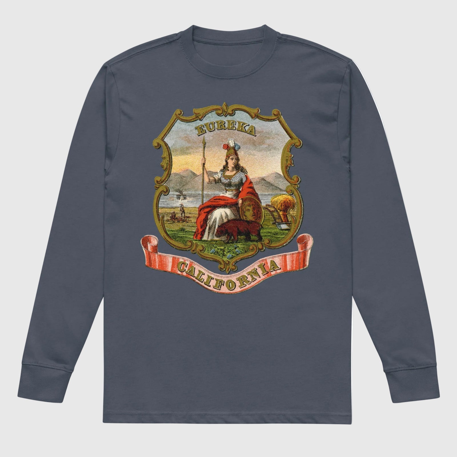 Harbor Blue men's vintage heavyweight long sleeve T-shirt with California State Seal artwork and a red California banner.