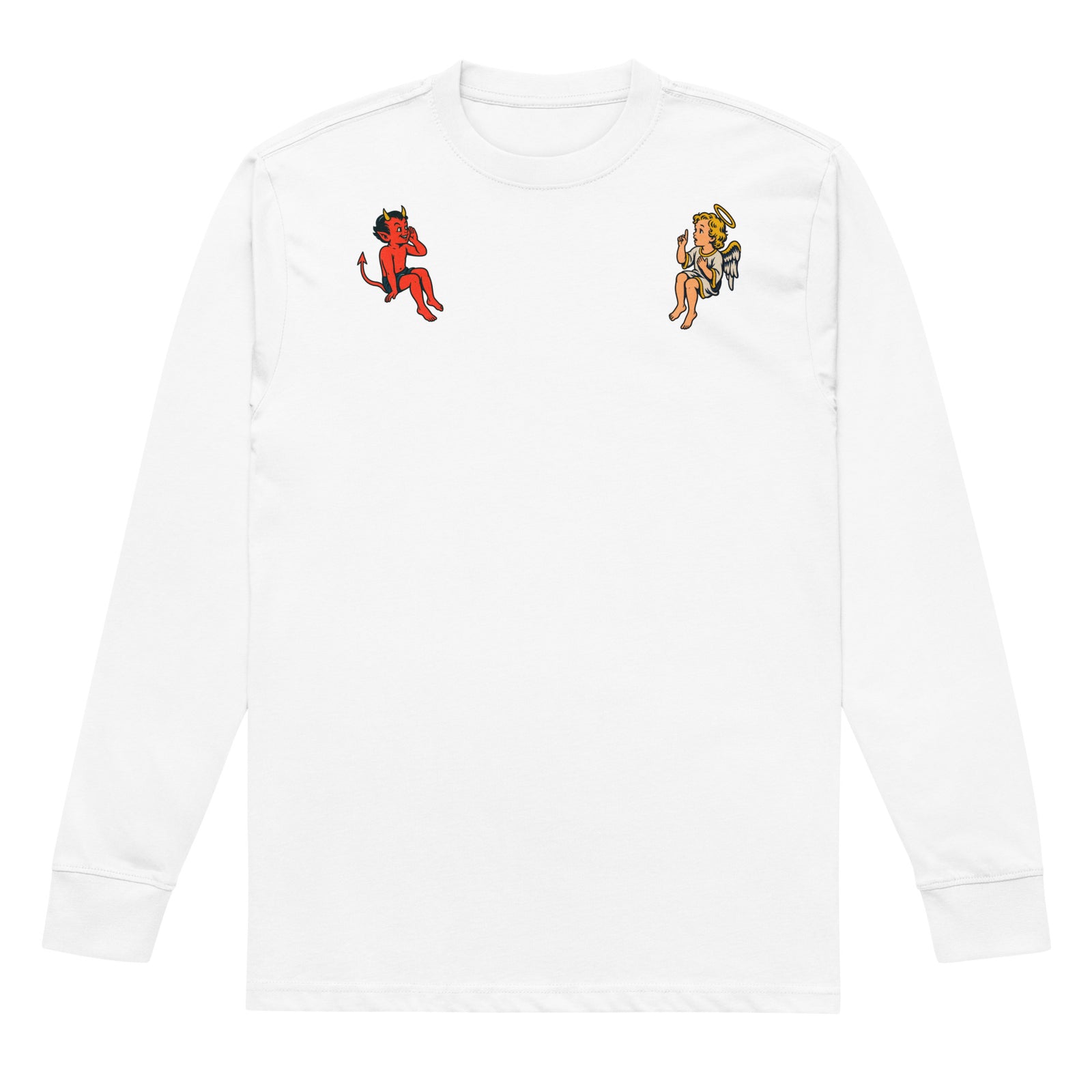 White angel and devil shoulder heavyweight long sleeve tee, front view