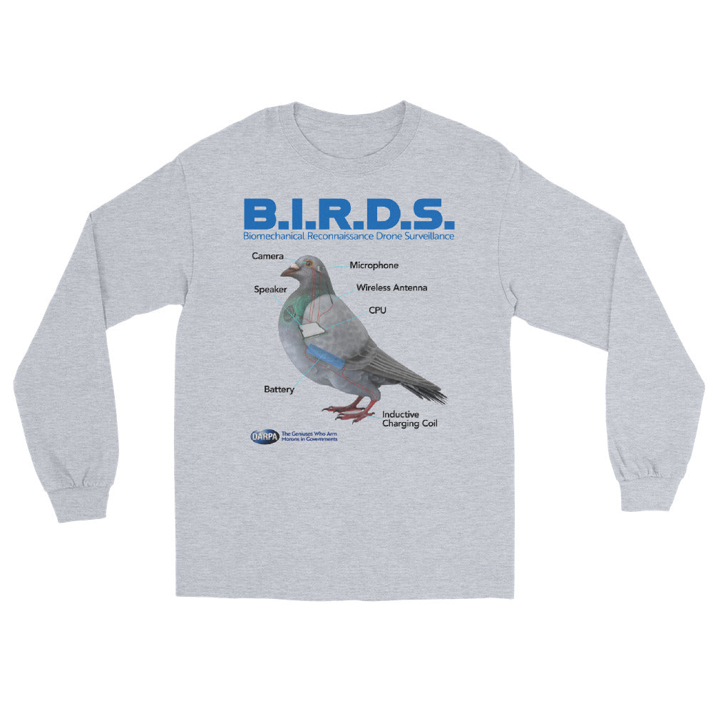 B.I.R.D.S. long sleeve heather grey shirt showing pigeon surveillance drone diagram with labeled parts including camera, microphone, speaker, CPU, battery, antenna, and charging coil.