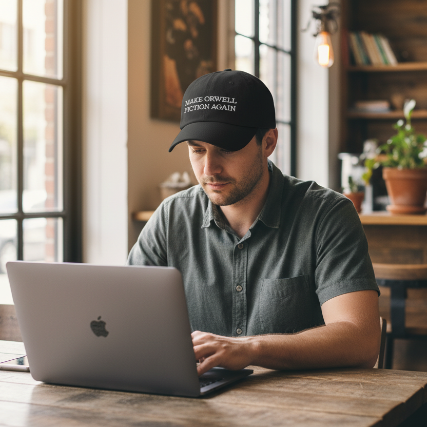 Man using a laptop in a cafe wearing a cap with text.