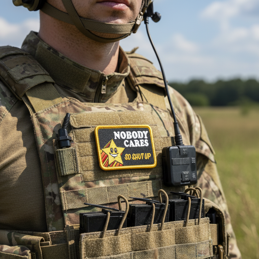 Embroidered patch with a star and text 'NOBODY CARES SO SHUT UP' on a soldier in the field