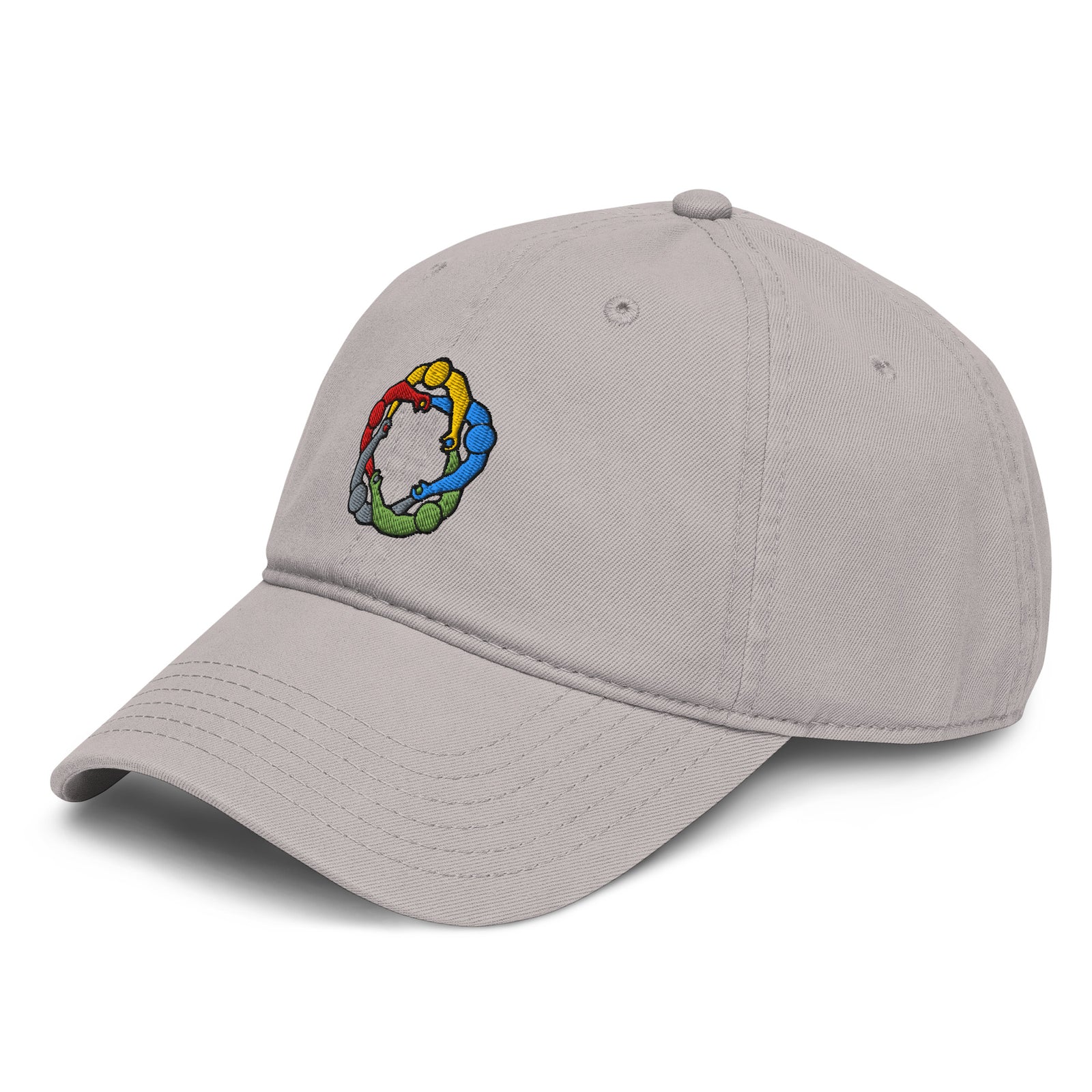 Gray circlejerk meme embroidered baseball cap shown from the left front