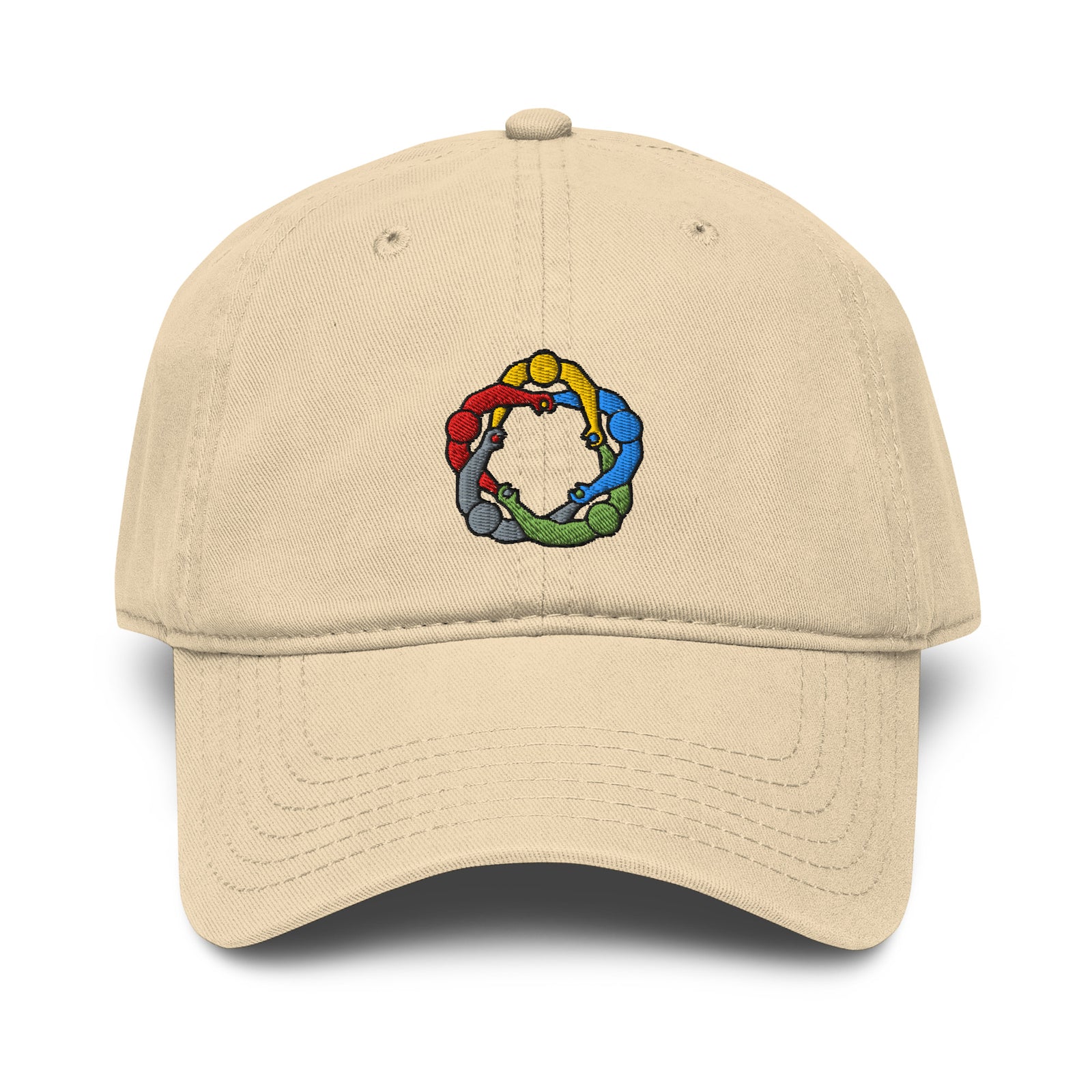 Khaki Mutual Affirmation Society garment-washed baseball cap with embroidered five-color circlejerk meme logo