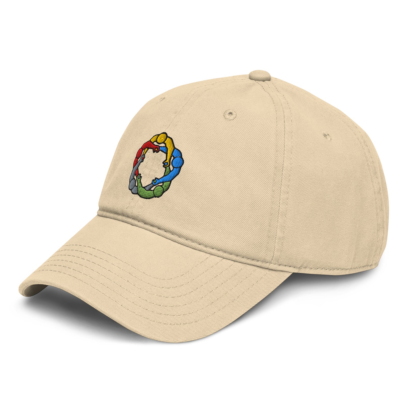 Khaki circlejerk meme embroidered baseball cap shown from the left front