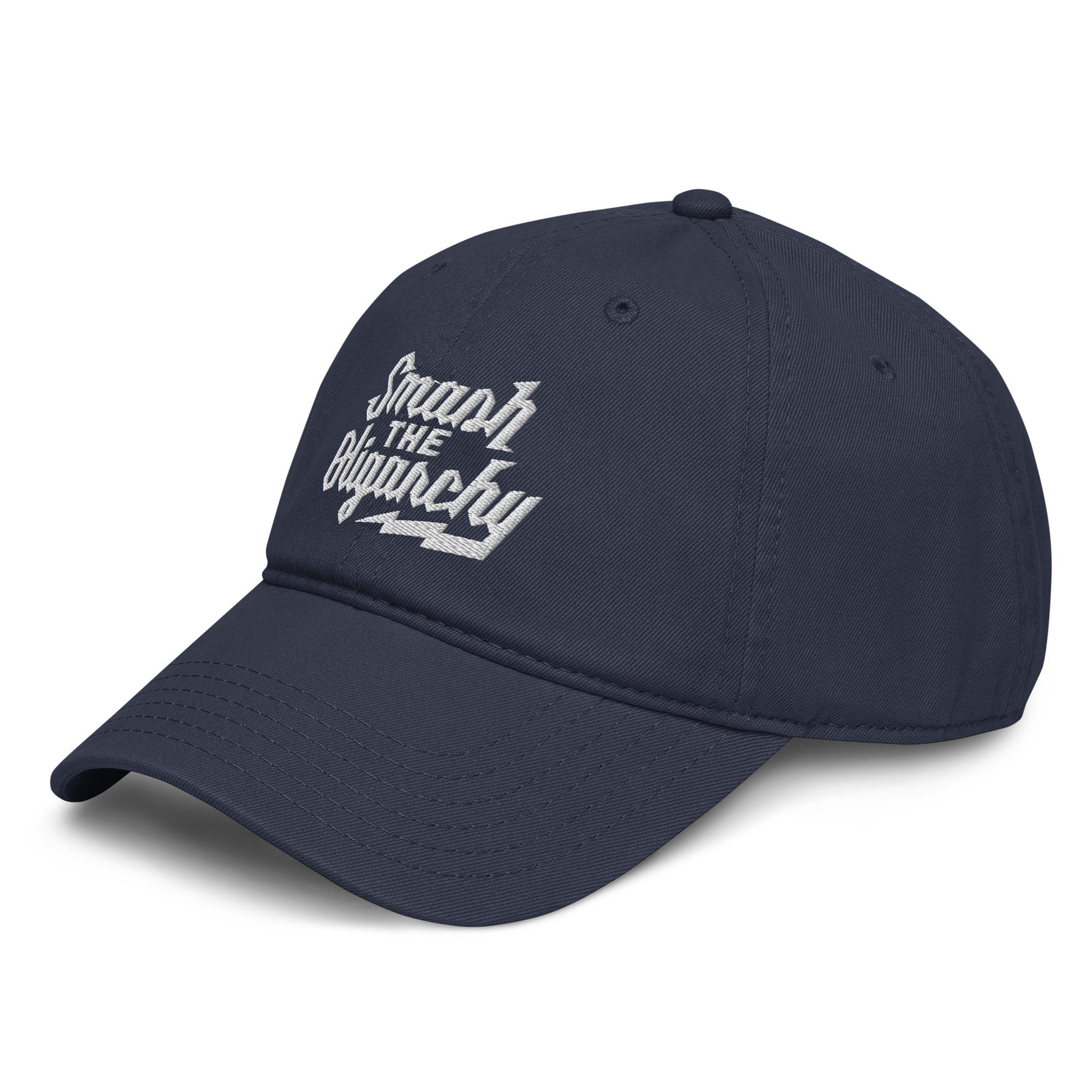 Navy blue cap with white text on a white background