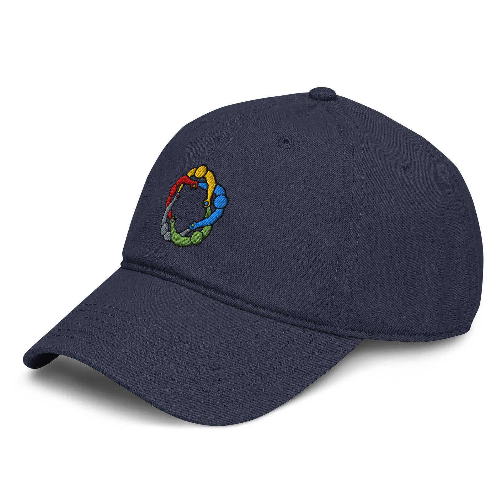 Navy embroidered circlejerk meme baseball cap shown from the left front