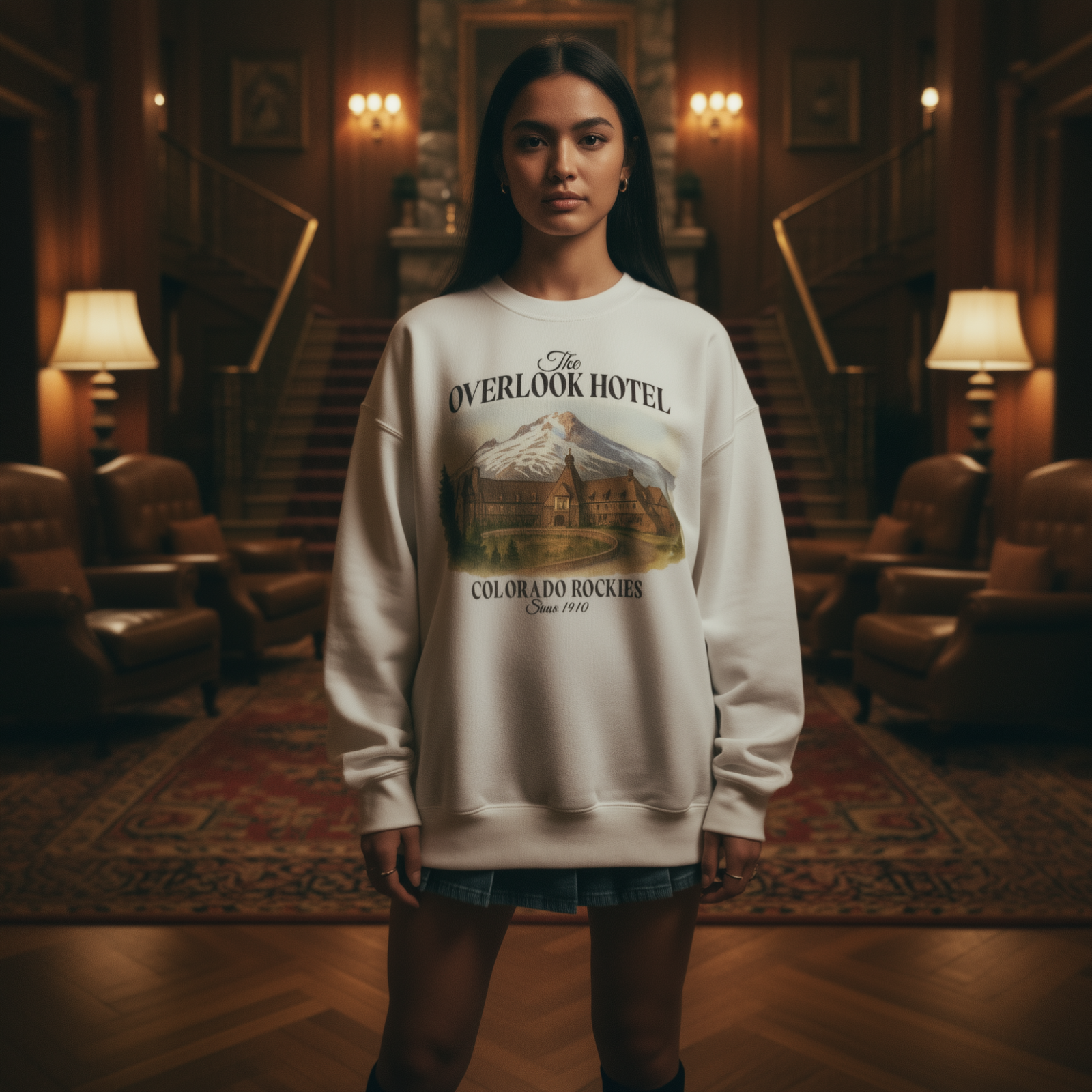 A woman wears an Overlook Hotel sweatshirt from the movie The Shining. The sweatshirt shows a beautiful painting of the hotel.