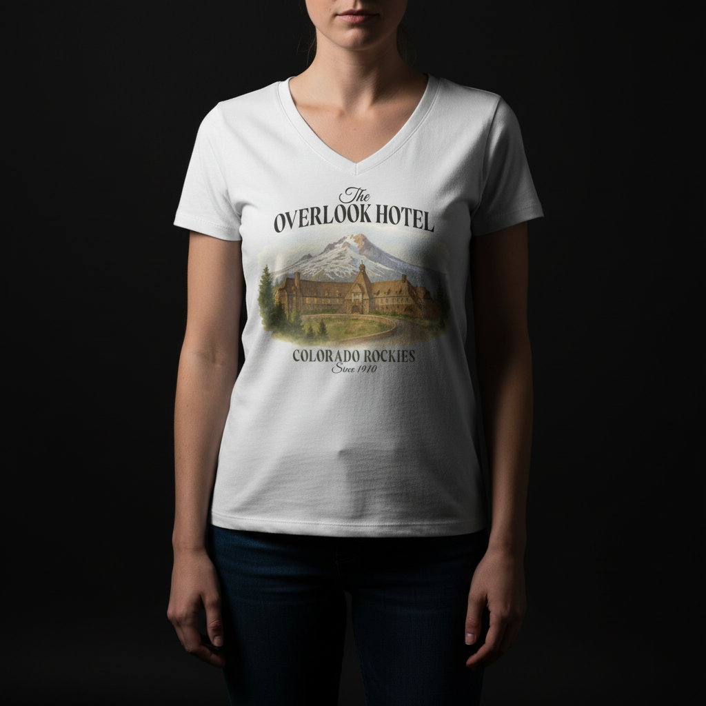 Person wearing a white t-shirt with 'The Overlook Hotel' graphic design.