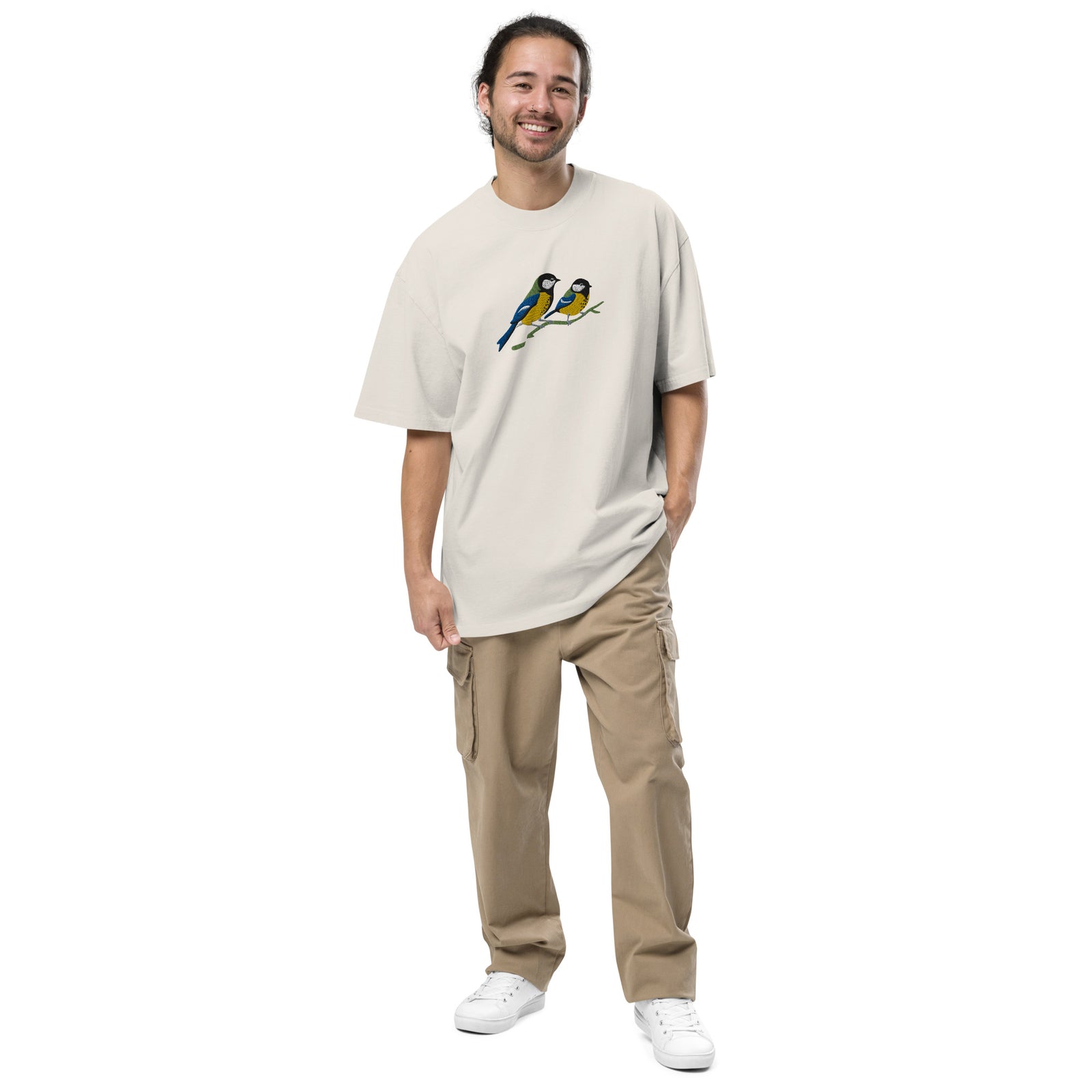 Pair of Great Tits Embroidered Oversized T-Shirt